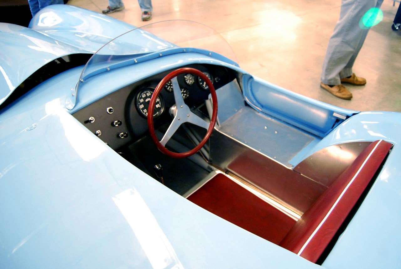 1955 Lotus Mark X after restoration at Barber Vintage Motorsports Museum in Birmingham, Ala. Most Mark X dashboards were bare metal with chrome trim rings, but this one was originally painted all black to reduce glare.