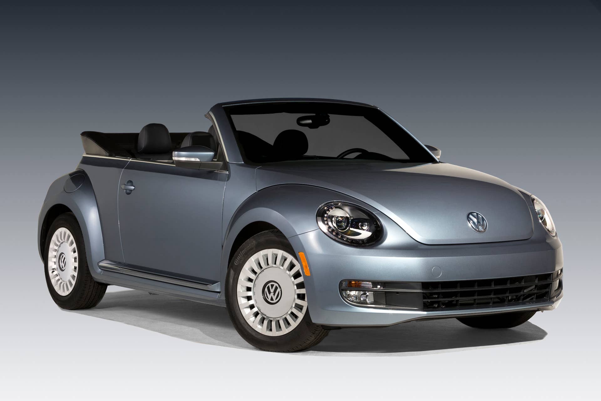 VW Beetle Denim front 3/4 with the top down