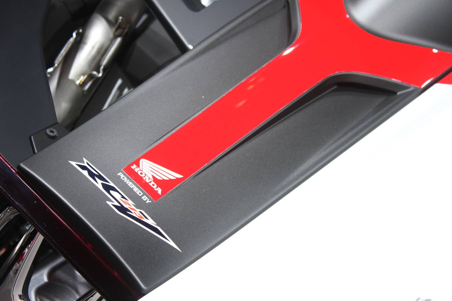 Honda Project 2  &  4 concept that combines the company's RC-213vs MotoGP bike with a car, at the 2015 Frankfurt Motor Show, graphic detail.