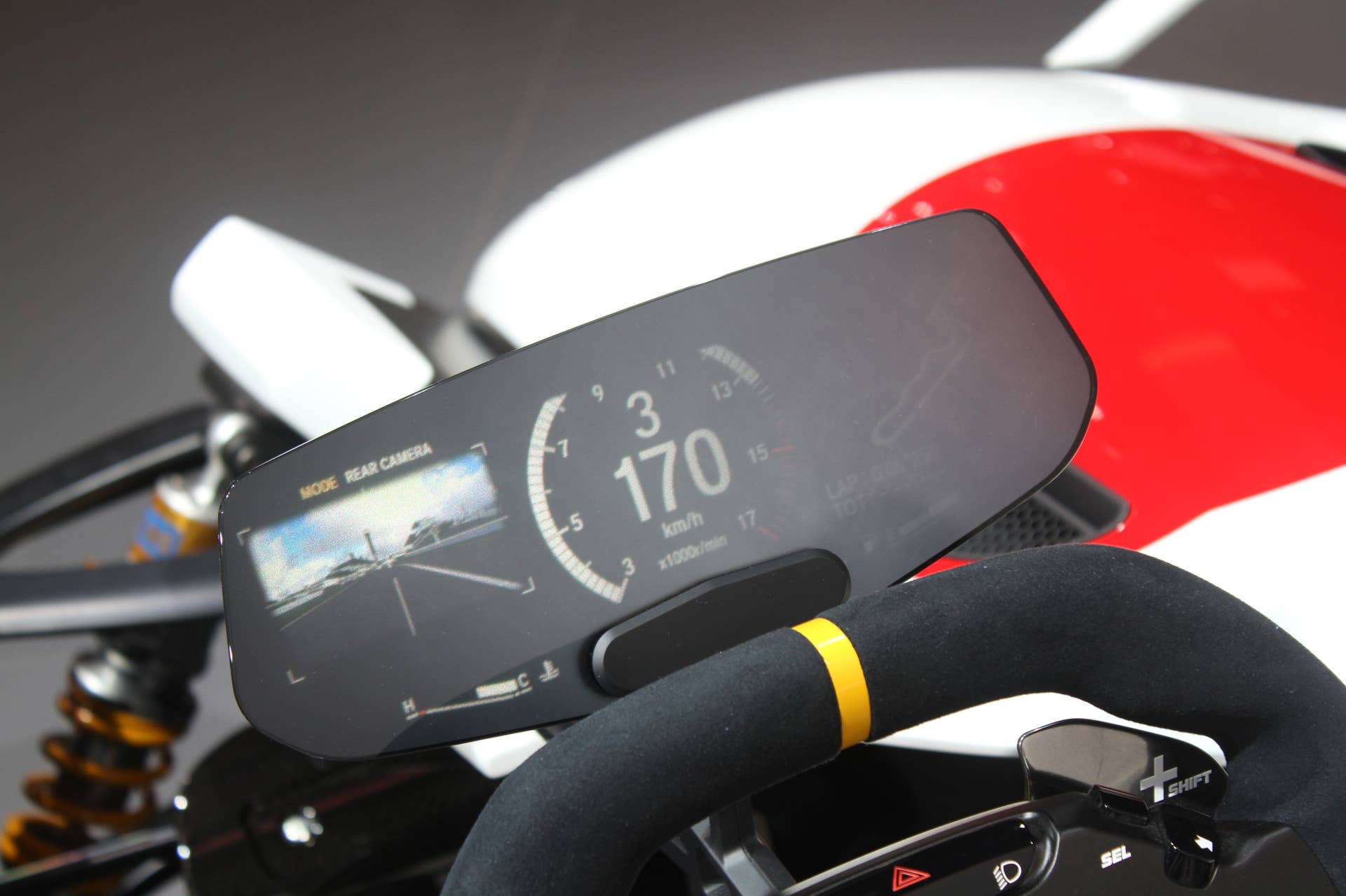 Honda Project 2 & 4 concept that combines the company's RC-213vs MotoGP bike with a car, at the 2015 Frankfurt Motor Show, instrument panel detail.