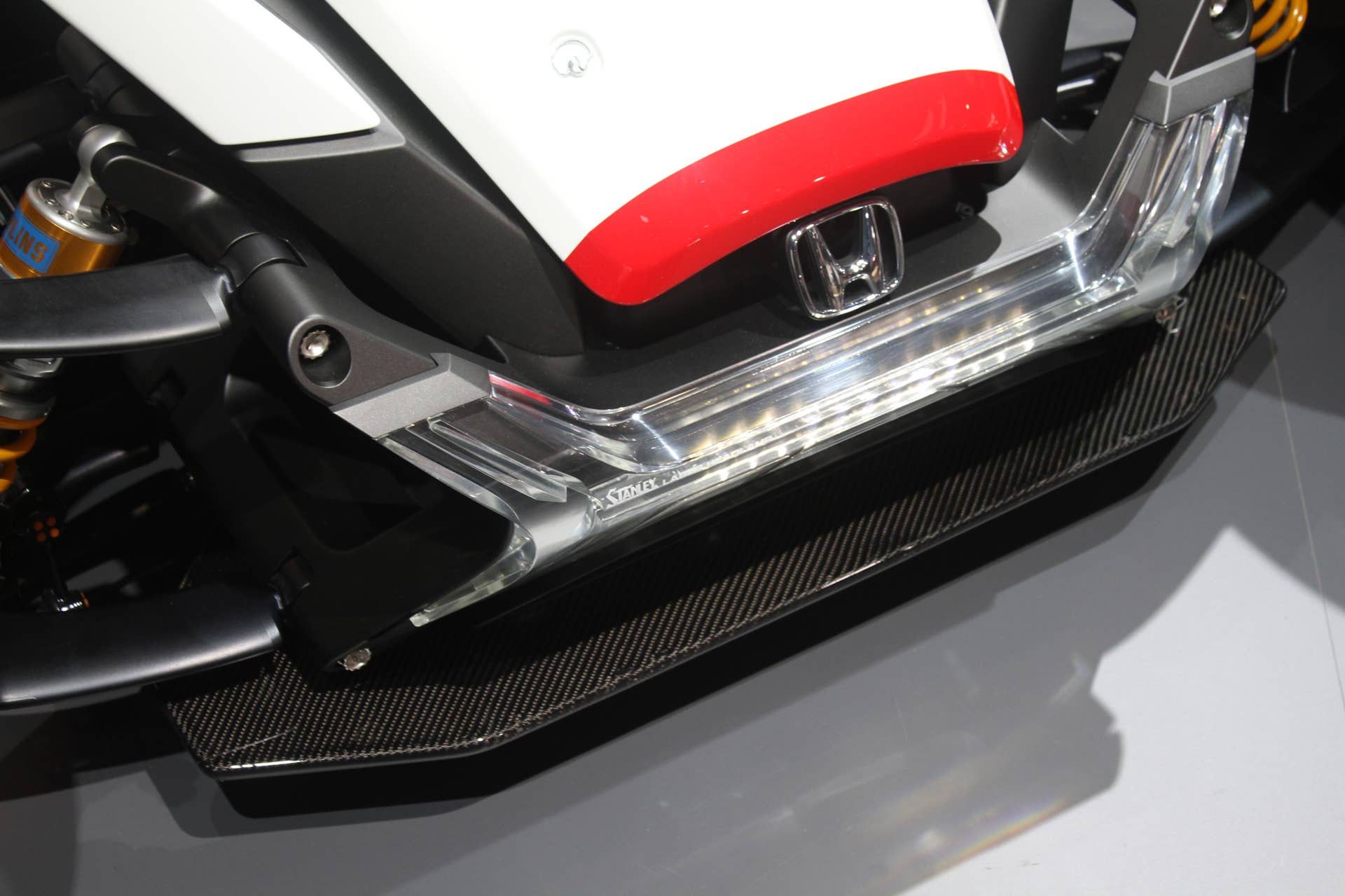 Honda Project 2  &  4 concept that combines the company's RC-213vs MotoGP bike with a car, at the 2015 Frankfurt Motor Show, detail of front bumper.