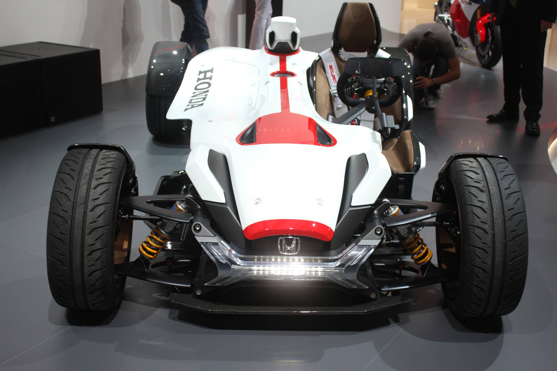 Honda Project 2  &  4 concept that combines the company's RC-213vs MotoGP bike with a car, at the 2015 Frankfurt Motor Show, front view.