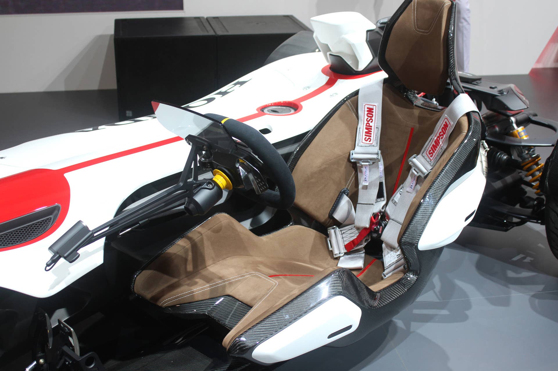 Honda Project 2  &  4 concept that combines the company's RC-213vs MotoGP bike with a car, at the 2015 Frankfurt Motor Show, free-hanging seat.