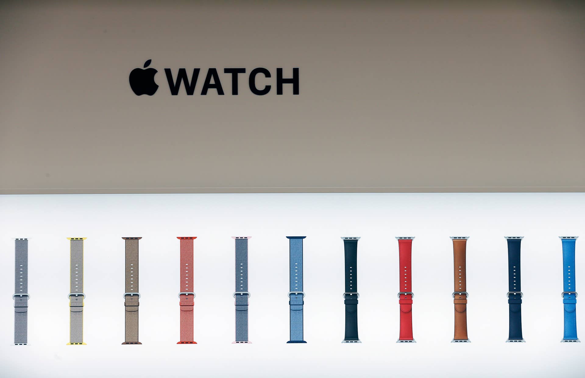 PARIS, FRANCE - DECEMBER 01: Apple Watch bracelets in several colors are displayed inside the new Apple store Saint Germain during the press day on December 01, 2016 in Paris, France. On December 3, Apple will inaugurate and open its new Apple store to the public at the 'Marche Saint-Germain' (Saint Germain market). (Photo by Chesnot/Getty Images)
