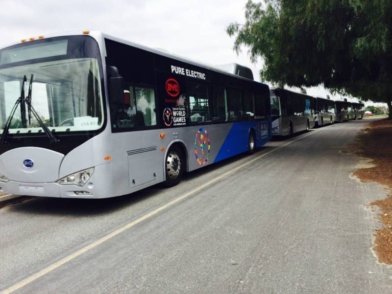 BYD Electric Buses staging for shuttle service (PRNewsFoto/BYD Motors Inc.)