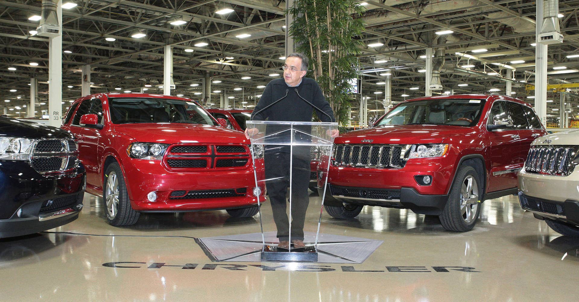 DETROIT, April 28, 2011 � Chrysler Group CEO Sergio Marchionne answers media questions after escorting U.S. Treasury Secretary Tim Geithner on a tour of Jefferson North Assembly Plant (JNAP) during Geithner�s Detroit visit today. Marchionne announced Chrysler intends, subject to market and other conditions, to repay in full the outstanding obligations under the loans provided to Chrysler Group by the U.S. Department of the Treasury and the Canadian federal and Ontario governments. Chrysler assembles the award-winning Jeep� Grand Cherokee and Dodge Durango at JNAP.