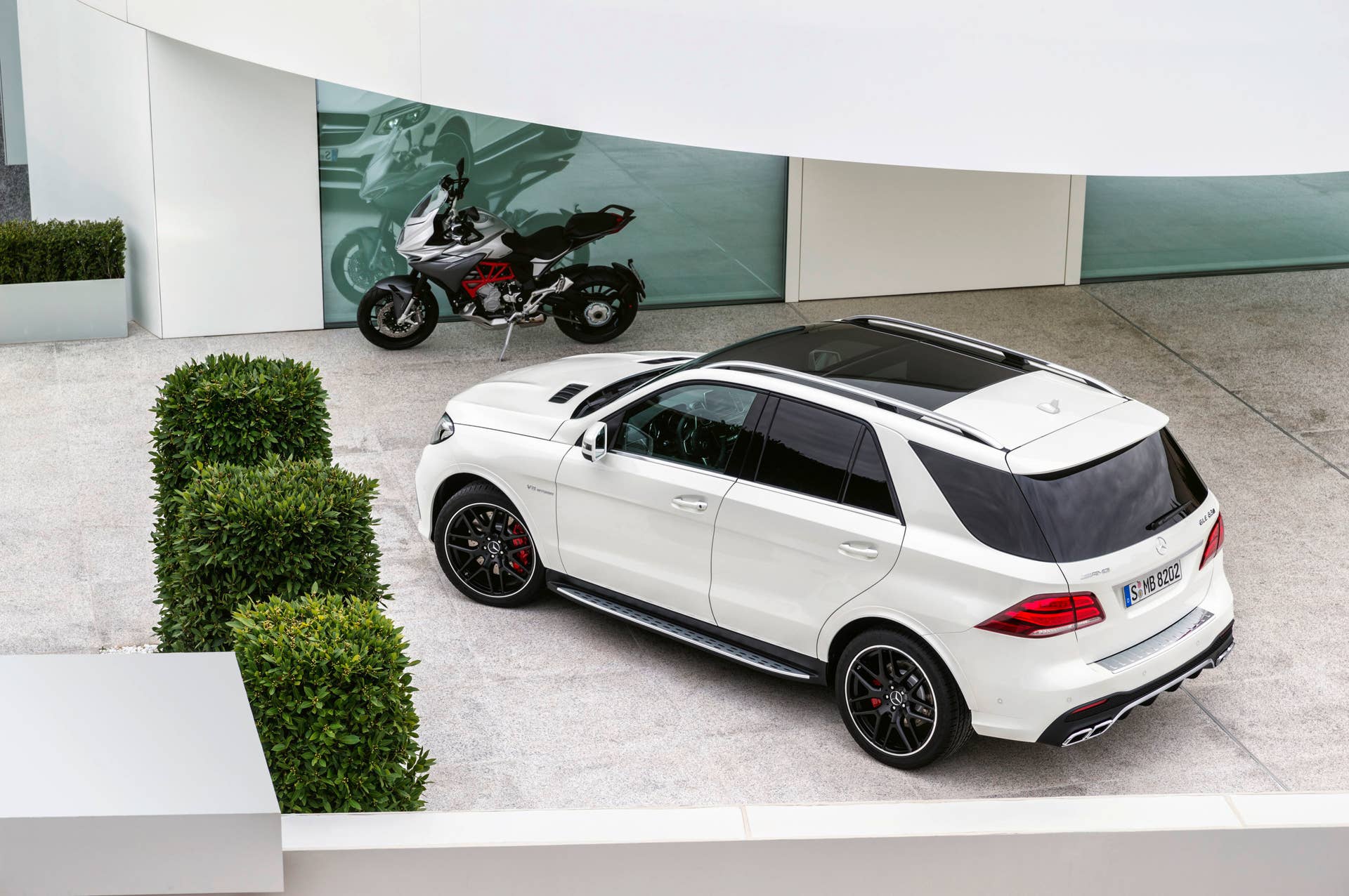 white mercedes gle63 s top motorcycle