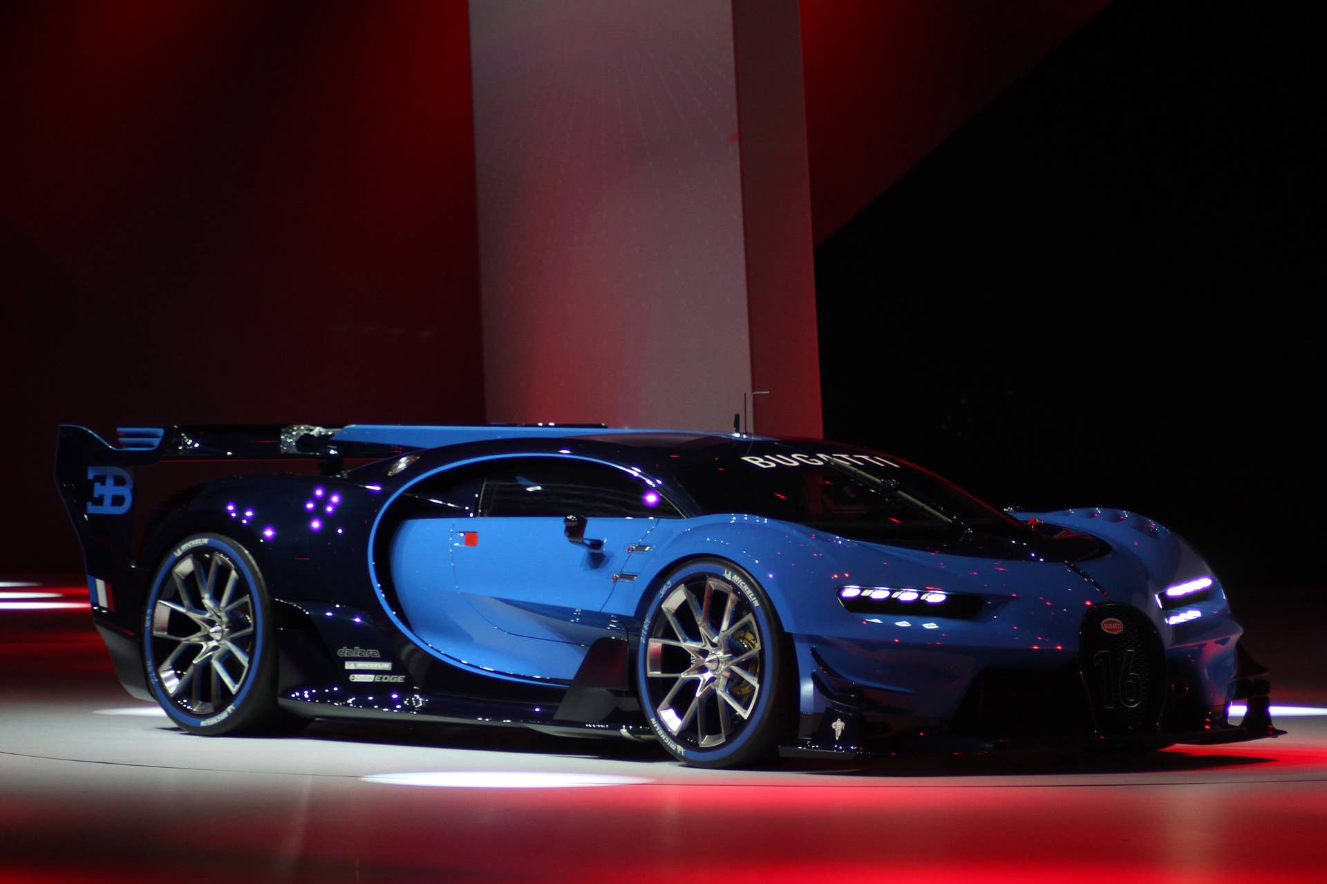 The Bugatti Vision Gran Turimso, designed for the Sony Playstation game Gran Turismo, is shown off at Volkswagen Group Night ahead of the 2015 Frankfurt Motor Show, three-quarter.