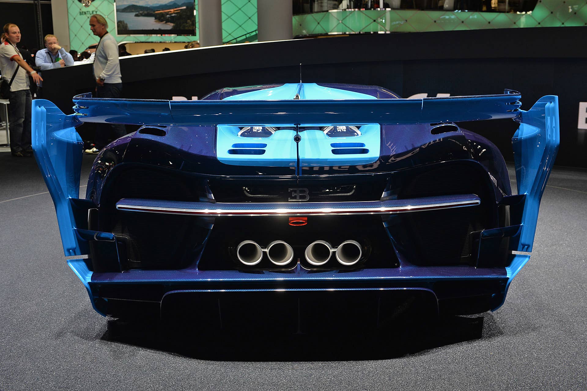 The Bugatti Vision Gran Turimso, designed for the Sony Playstation game Gran Turismo, at the 2015 Frankfurt Motor Show, rear view.