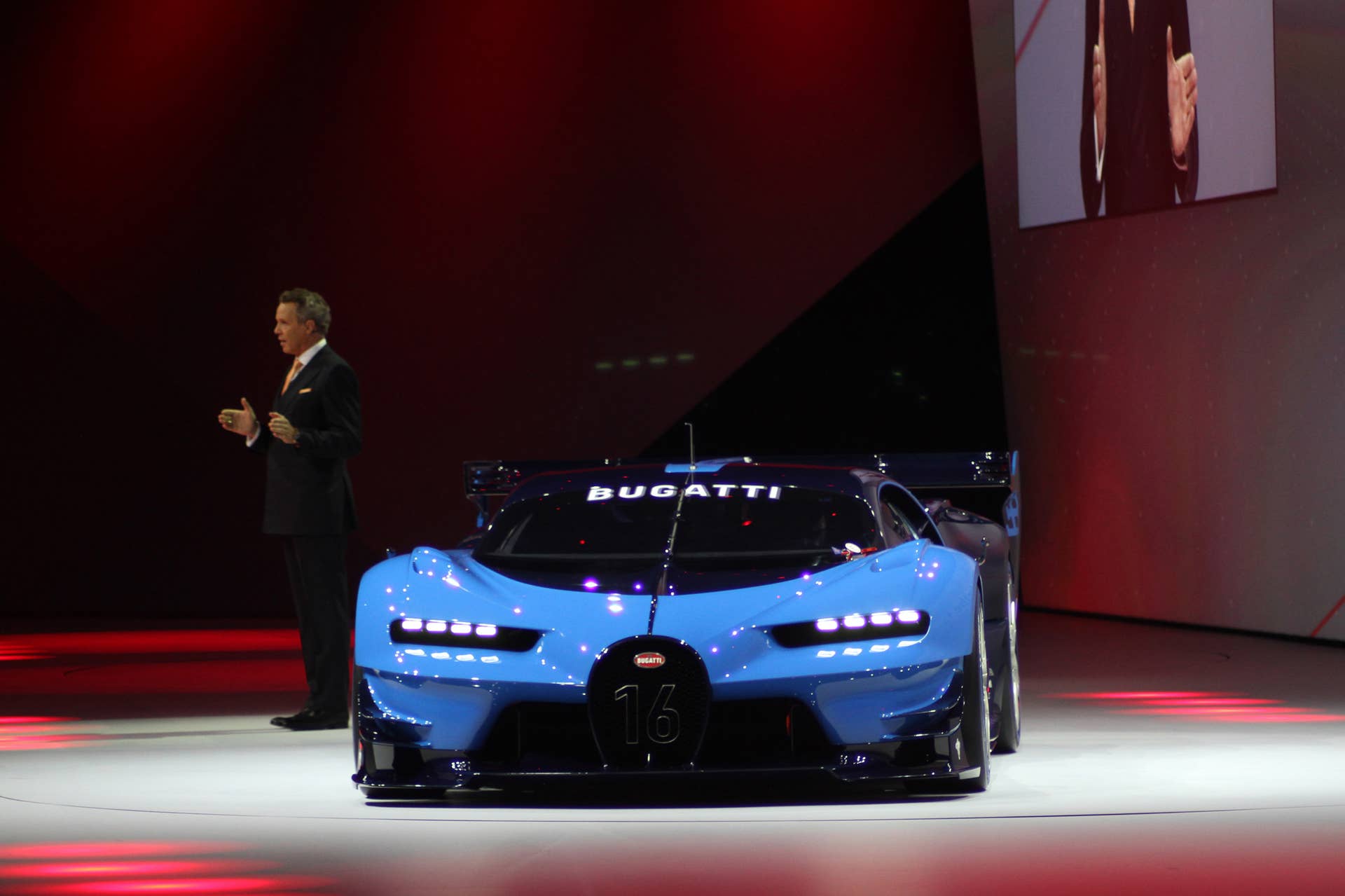 The Bugatti Vision Gran Turimso, designed for the Sony Playstation game Gran Turismo, is shown off at Volkswagen Group Night ahead of the 2015 Frankfurt Motor Show, front view.