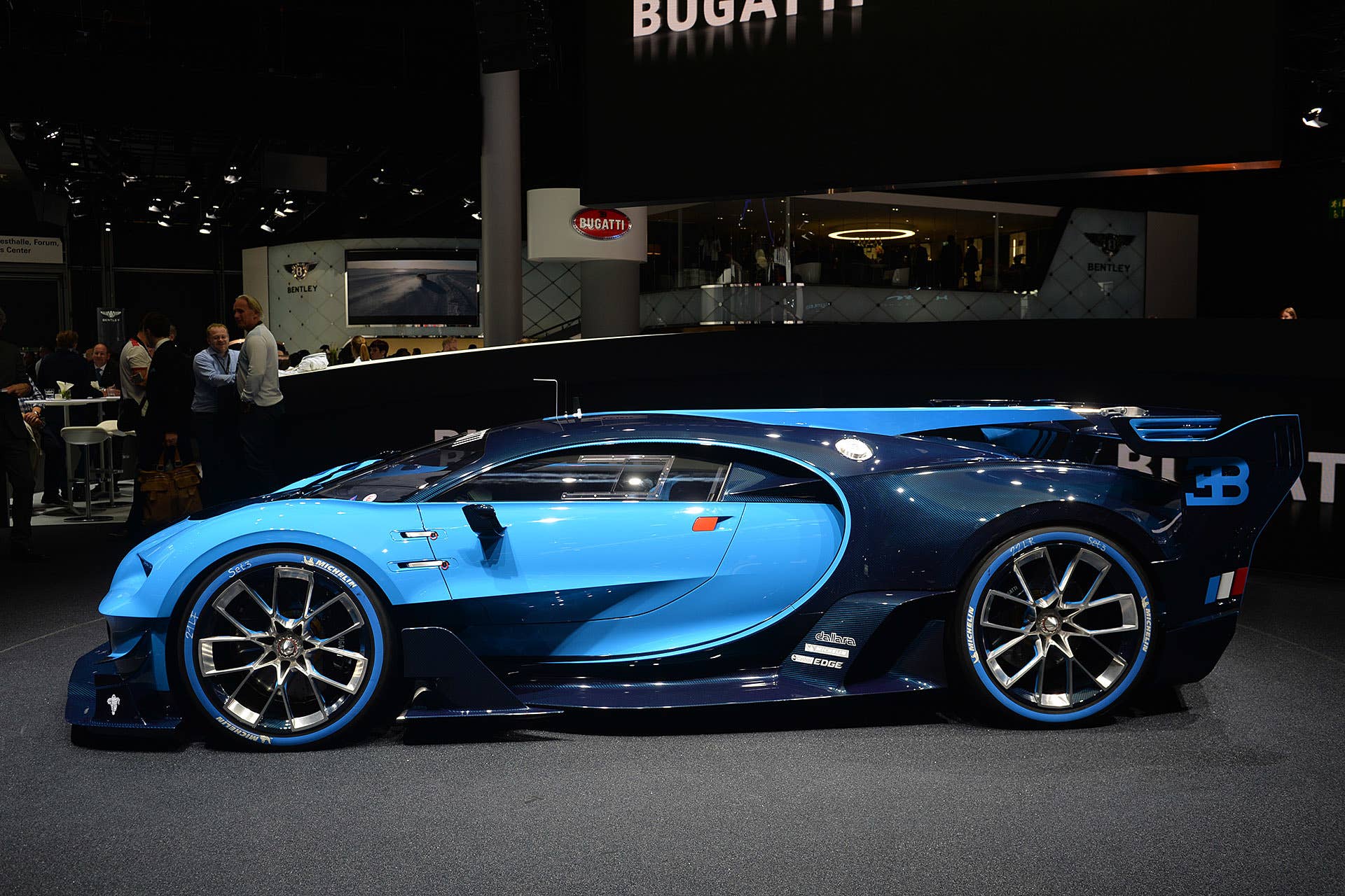 The Bugatti Vision Gran Turimso, designed for the Sony Playstation game Gran Turismo, at the 2015 Frankfurt Motor Show, passenger's side view.