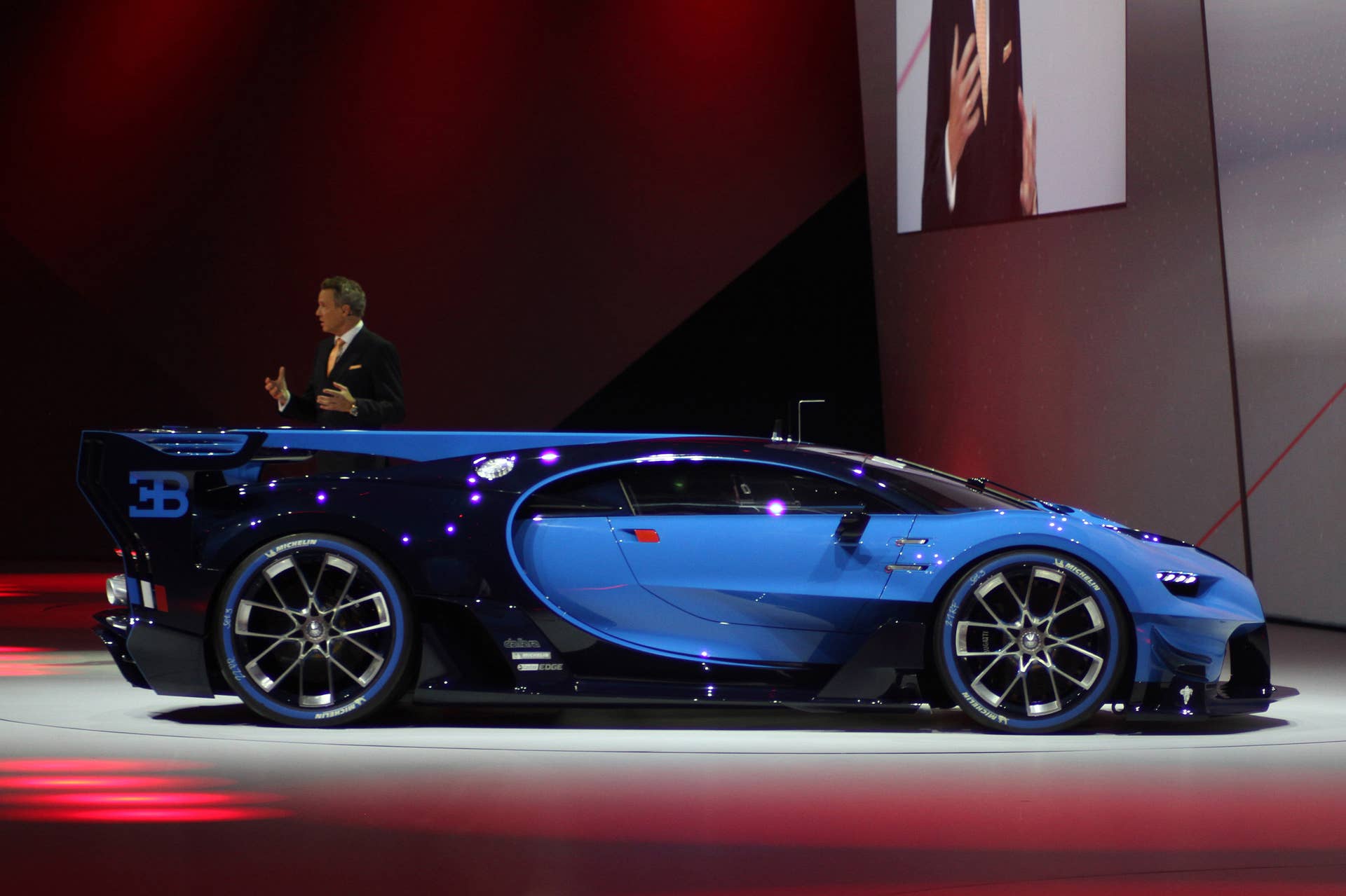 The Bugatti Vision Gran Turimso, designed for the Sony Playstation game Gran Turismo, is shown off at Volkswagen Group Night ahead of the 2015 Frankfurt Motor Show, passenger's side.