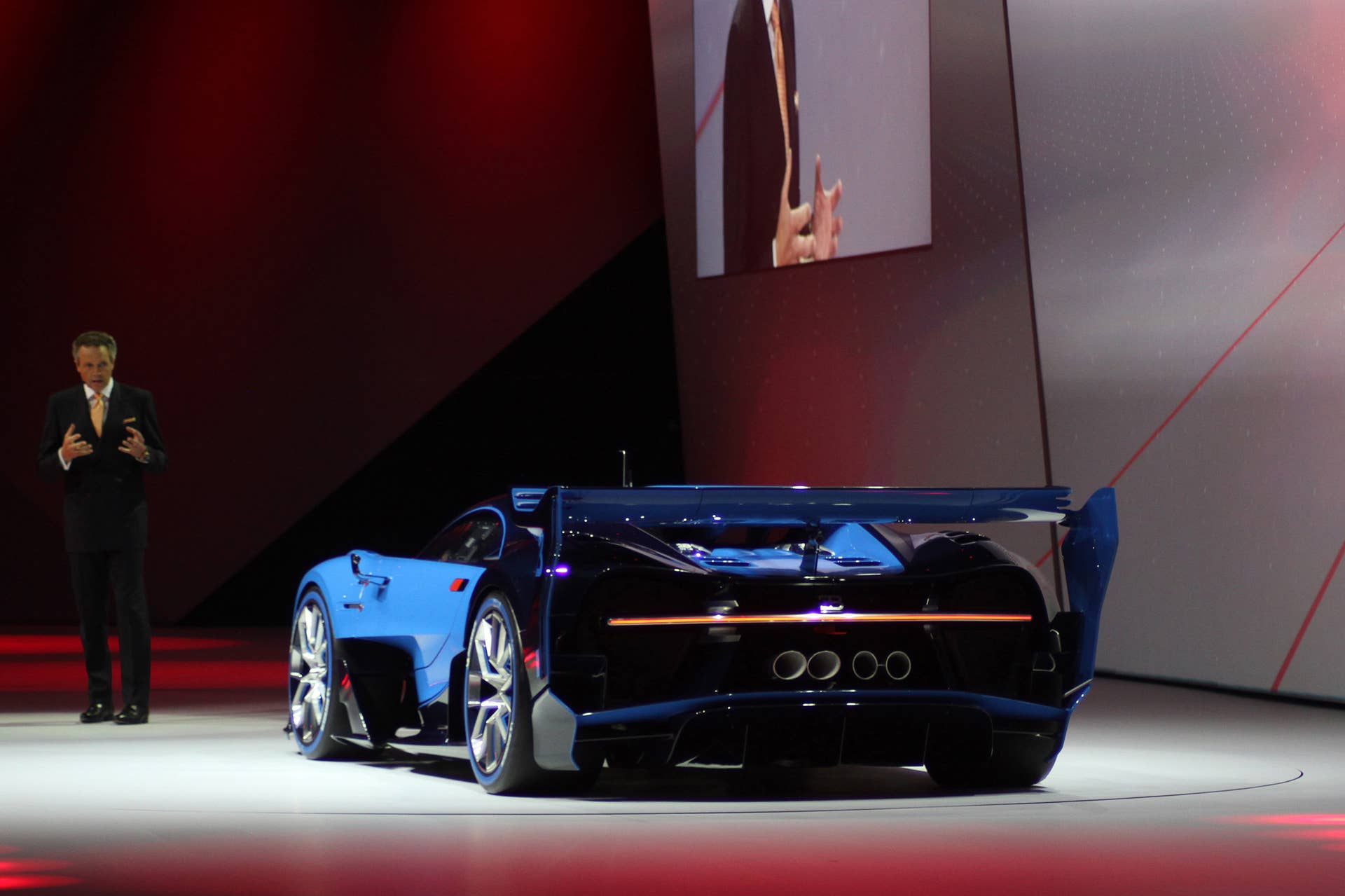 The Bugatti Vision Gran Turimso, designed for the Sony Playstation game Gran Turismo, is shown off at Volkswagen Group Night ahead of the 2015 Frankfurt Motor Show, rear three-quarter.