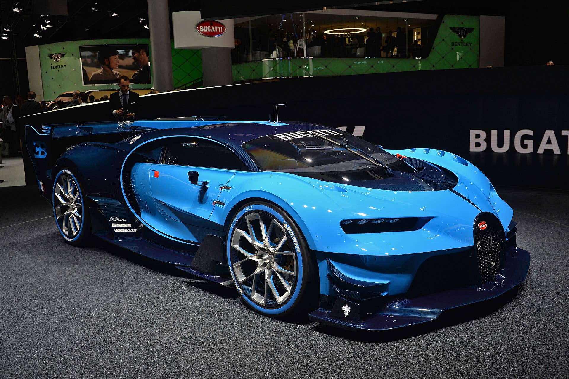 The Bugatti Vision Gran Turimso, designed for the Sony Playstation game Gran Turismo, at the 2015 Frankfurt Motor Show, front three-quarter view.