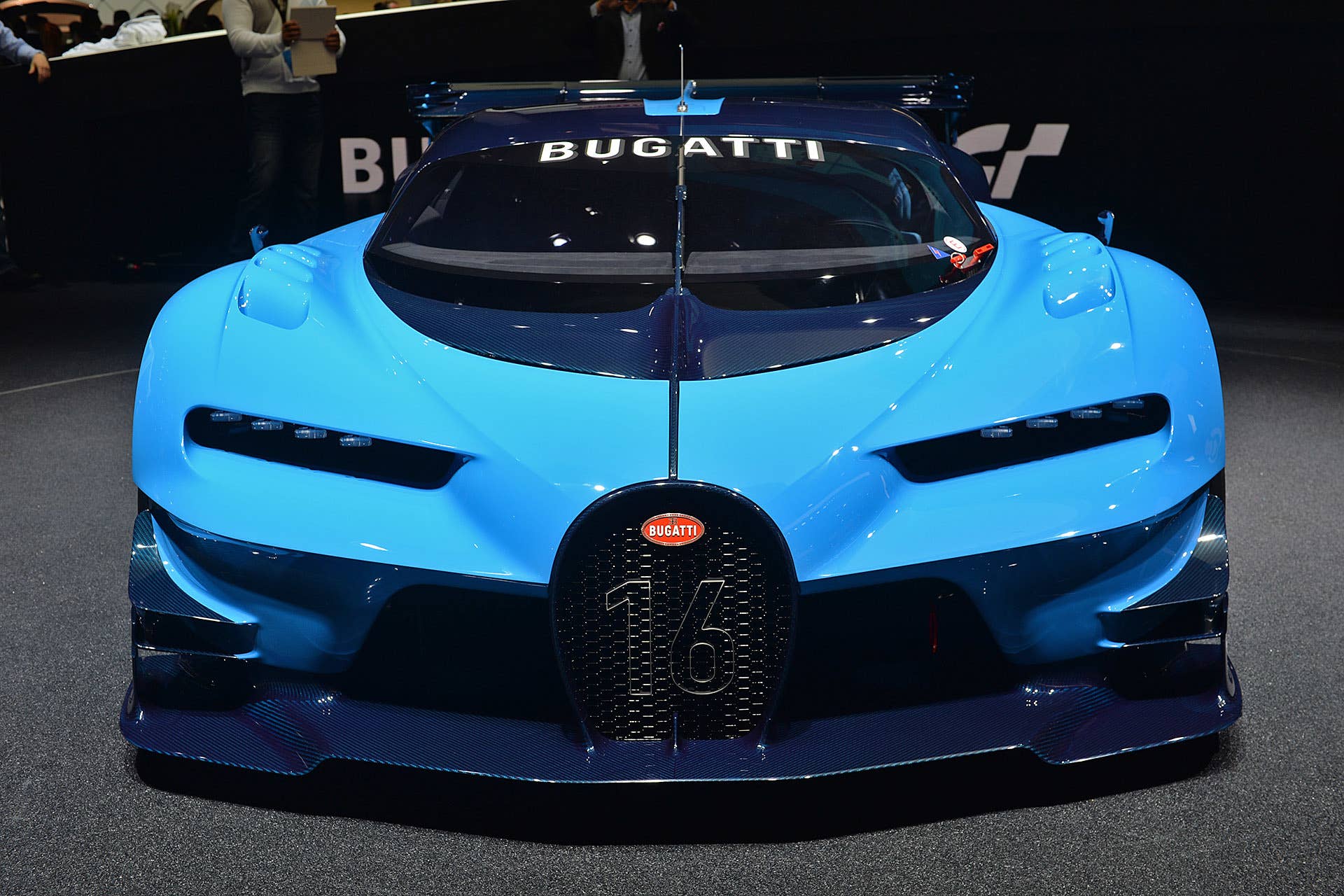 The Bugatti Vision Gran Turimso, designed for the Sony Playstation game Gran Turismo, at the 2015 Frankfurt Motor Show, front view.