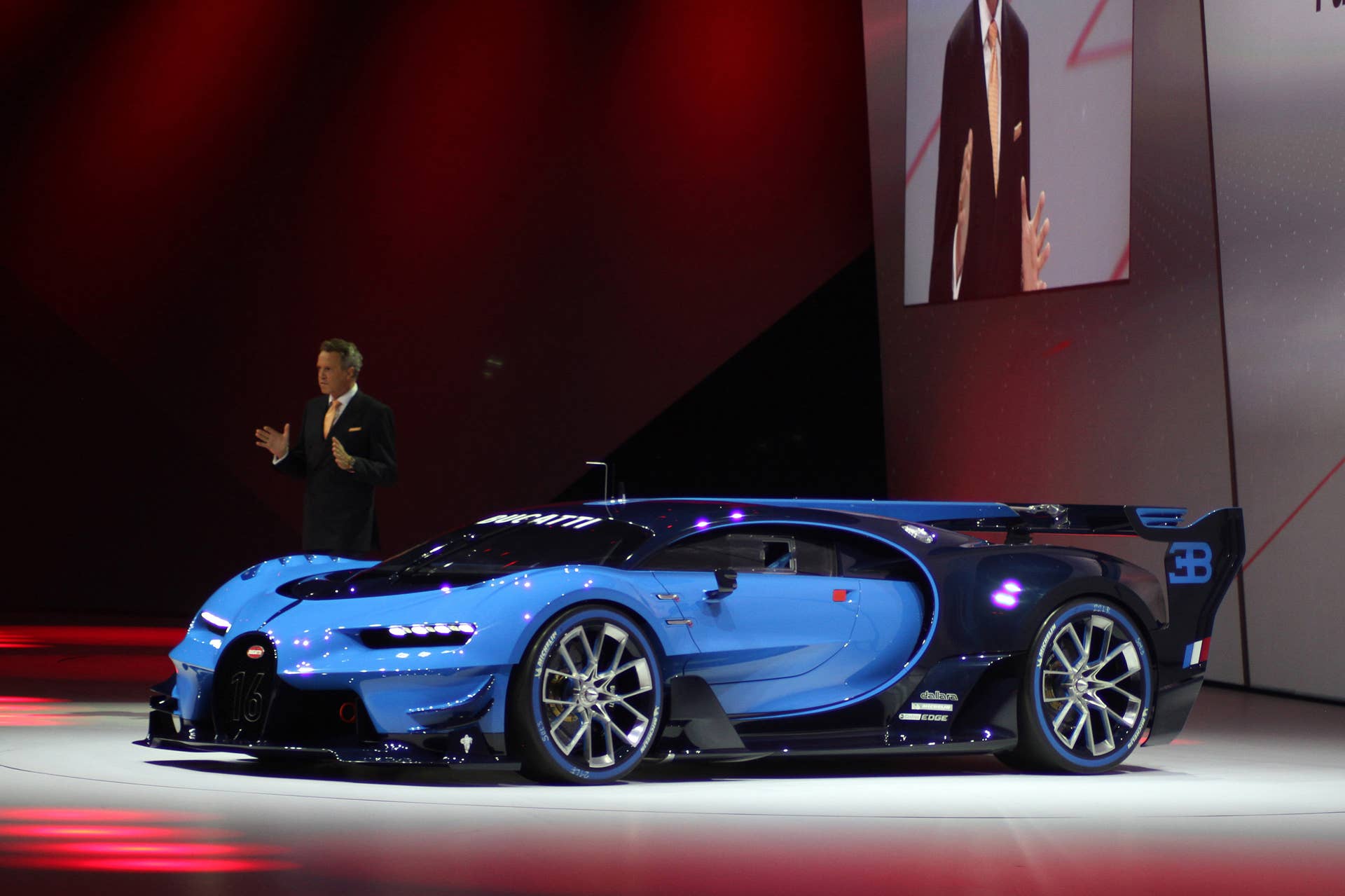 The Bugatti Vision Gran Turimso, designed for the Sony Playstation game Gran Turismo, is shown off at Volkswagen Group Night ahead of the 2015 Frankfurt Motor Show, front three-quarter view.