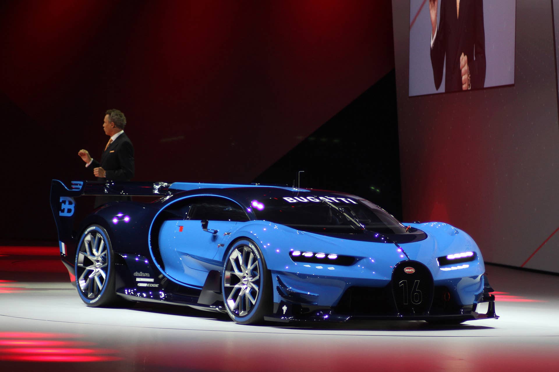 The Bugatti Vision Gran Turimso, designed for the Sony Playstation game Gran Turismo, is shown off at Volkswagen Group Night ahead of the 2015 Frankfurt Motor Show, front three-quarter view with brand CEO Wolfgang Durheimer.