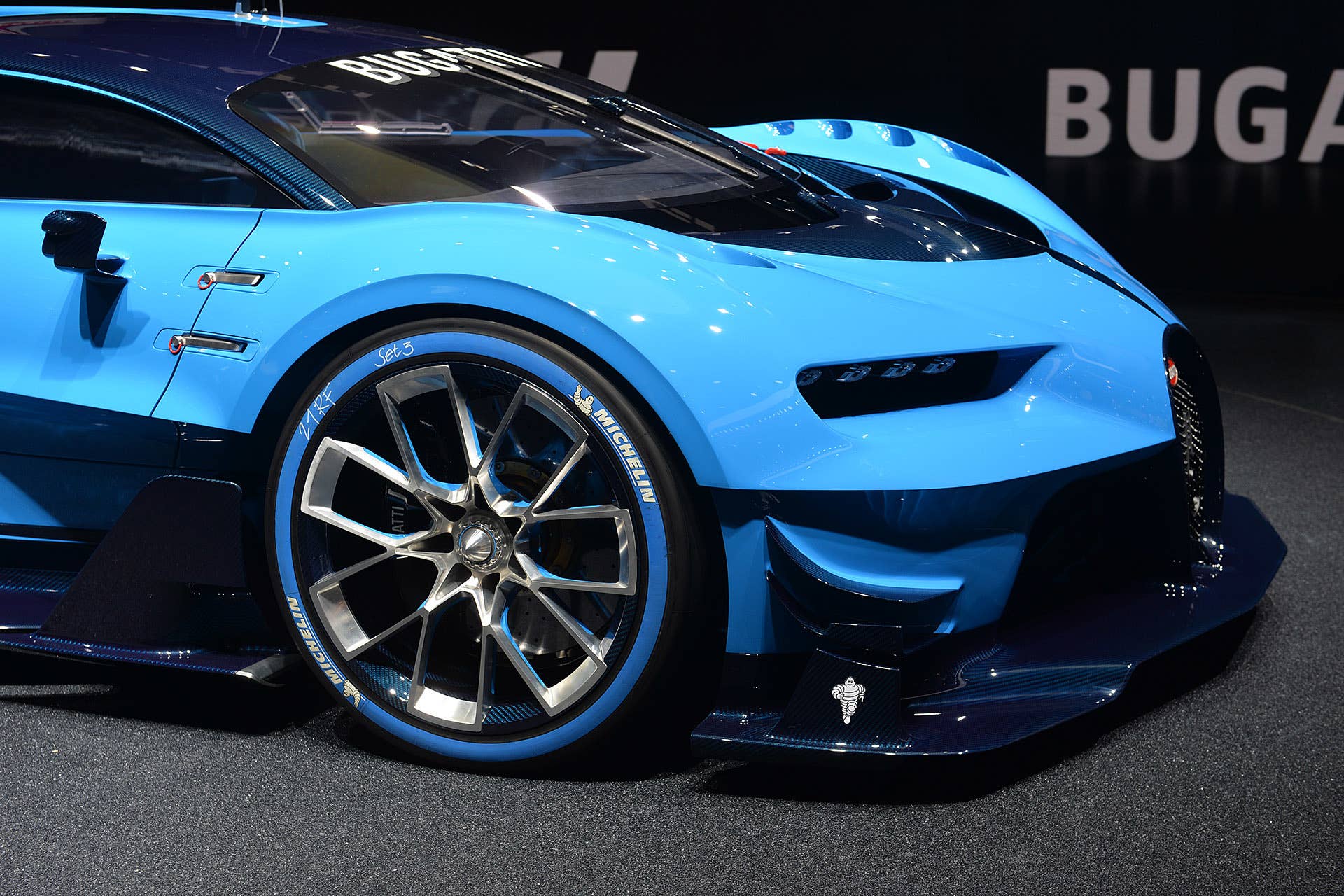 The Bugatti Vision Gran Turimso, designed for the Sony Playstation game Gran Turismo, at the 2015 Frankfurt Motor Show, front corner detail.