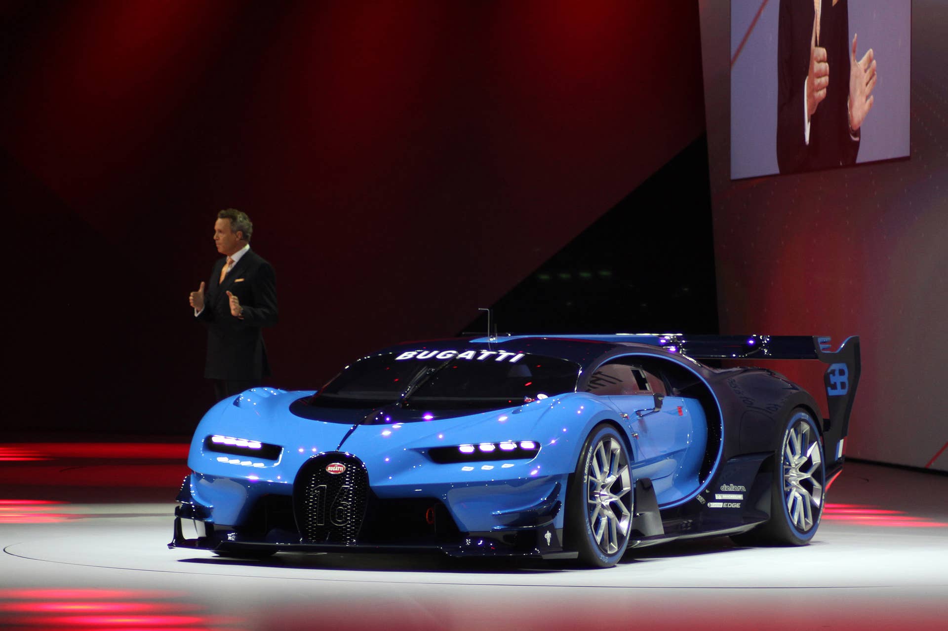 The Bugatti Vision Gran Turimso, designed for the Sony Playstation game Gran Turismo, is shown off at Volkswagen Group Night ahead of the 2015 Frankfurt Motor Show, near front three-quarter view.