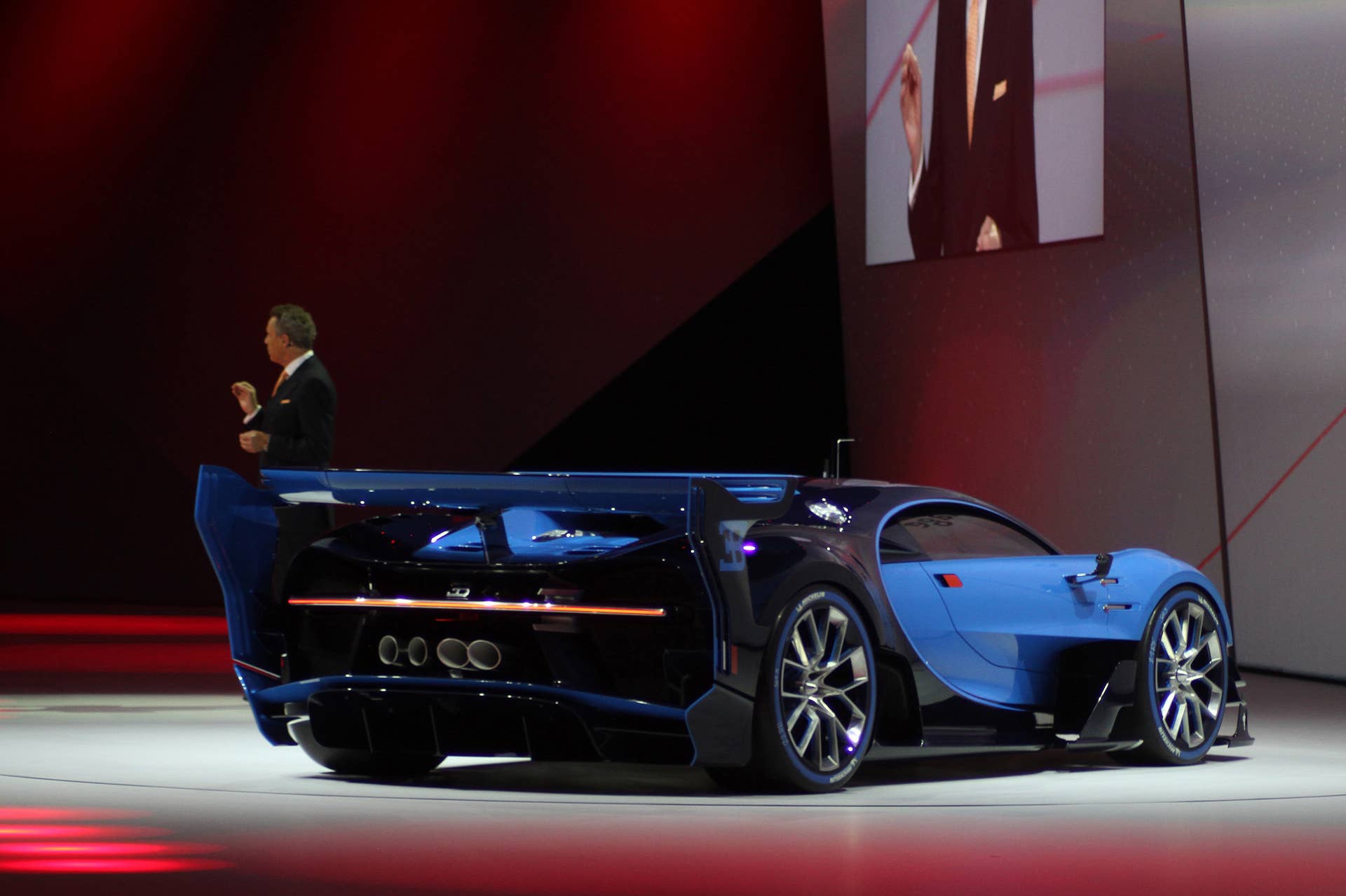 The Bugatti Vision Gran Turimso, designed for the Sony Playstation game Gran Turismo, is shown off at Volkswagen Group Night ahead of the 2015 Frankfurt Motor Show, rear view.