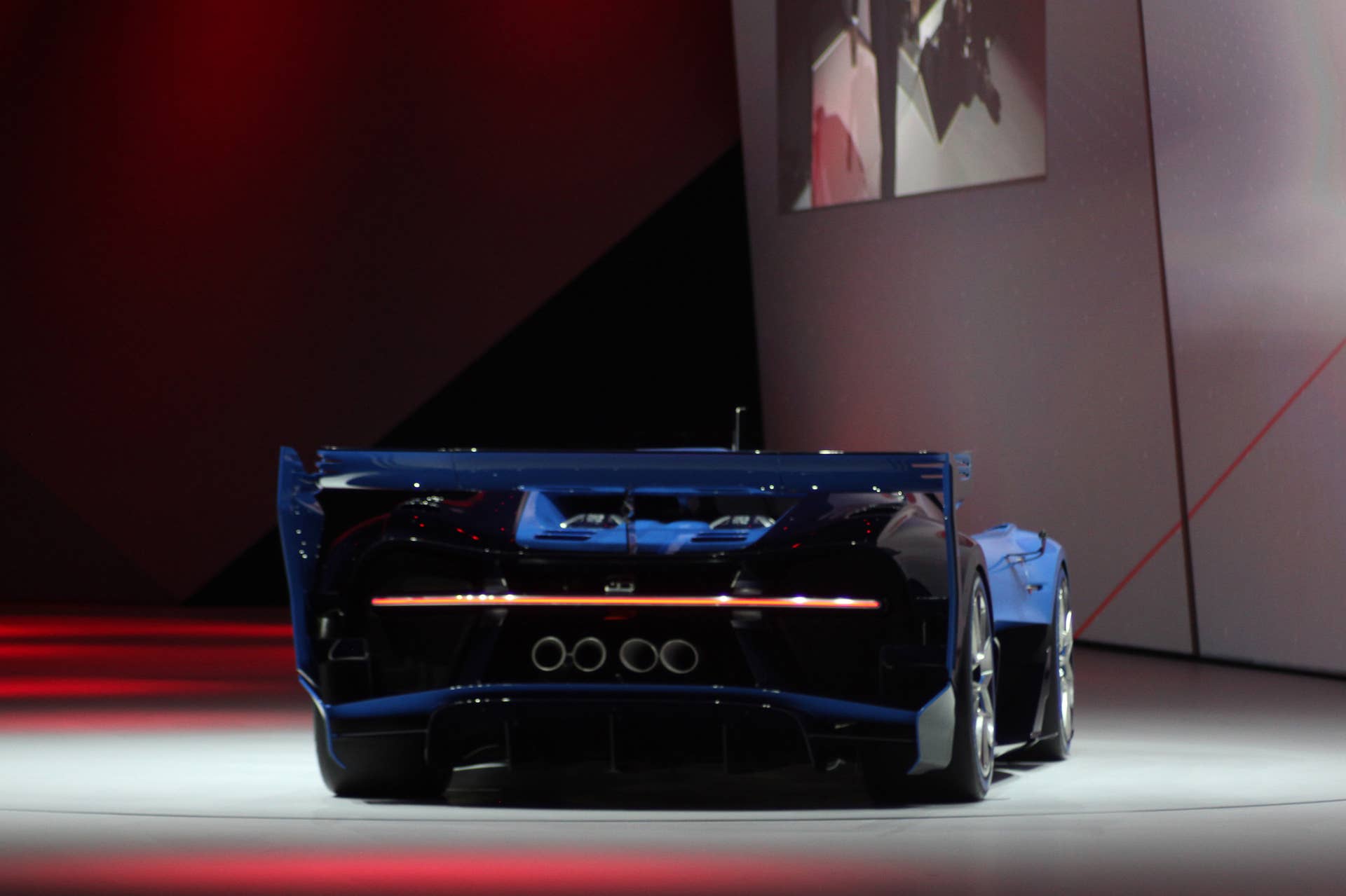 The Bugatti Vision Gran Turimso, designed for the Sony Playstation game Gran Turismo, is shown off at Volkswagen Group Night ahead of the 2015 Frankfurt Motor Show, rear view.