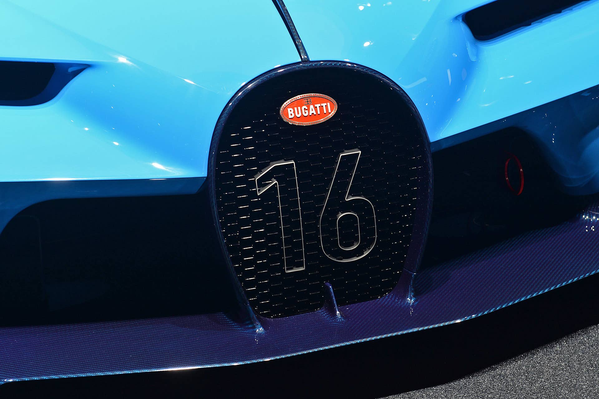 The Bugatti Vision Gran Turimso, designed for the Sony Playstation game Gran Turismo, at the 2015 Frankfurt Motor Show, detail of the front fascia.