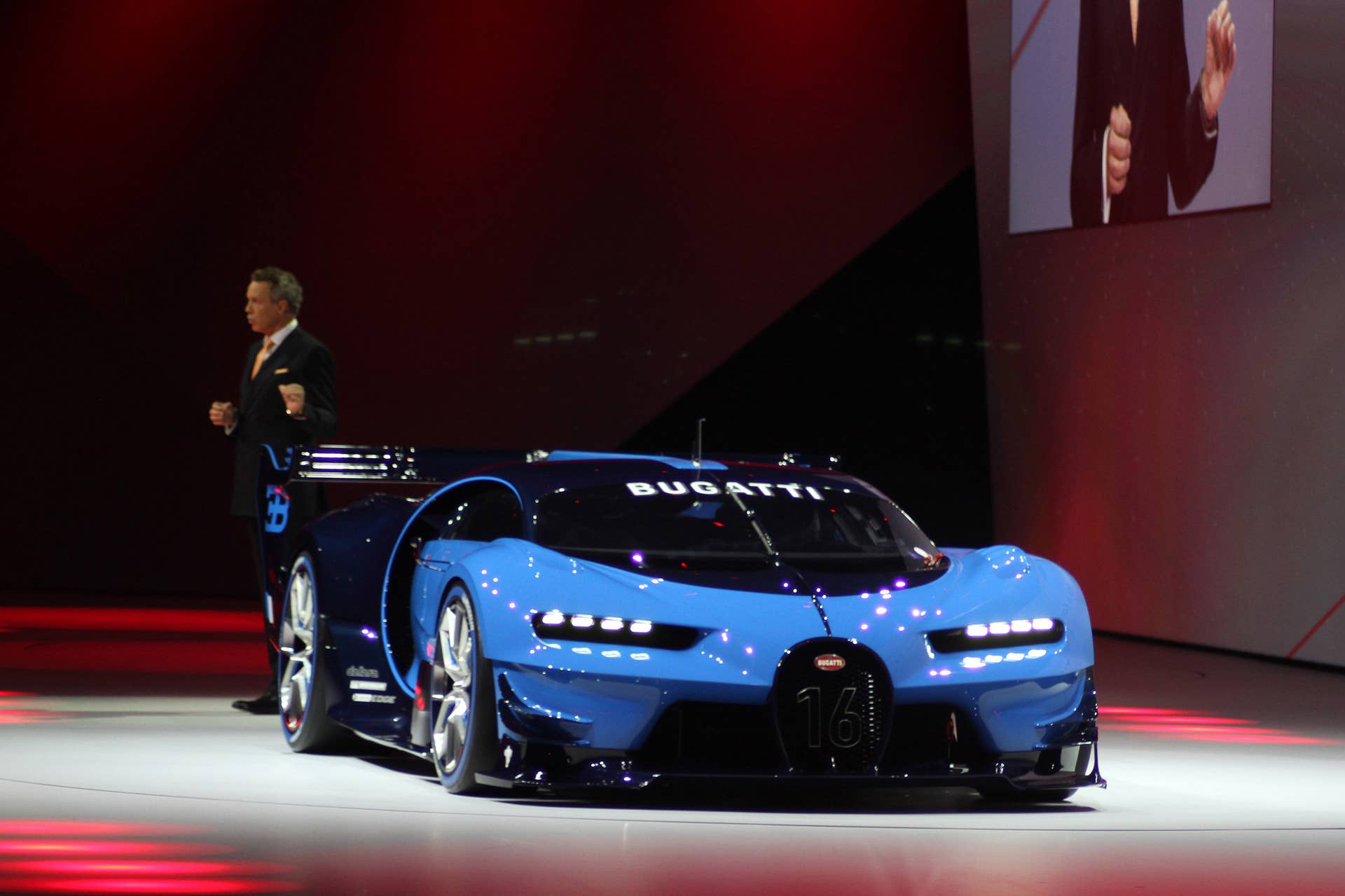 The Bugatti Vision Gran Turimso, designed for the Sony Playstation game Gran Turismo, is shown off at Volkswagen Group Night ahead of the 2015 Frankfurt Motor Show, front three-quarter view with brand CEO Wolfgang Durheimer.