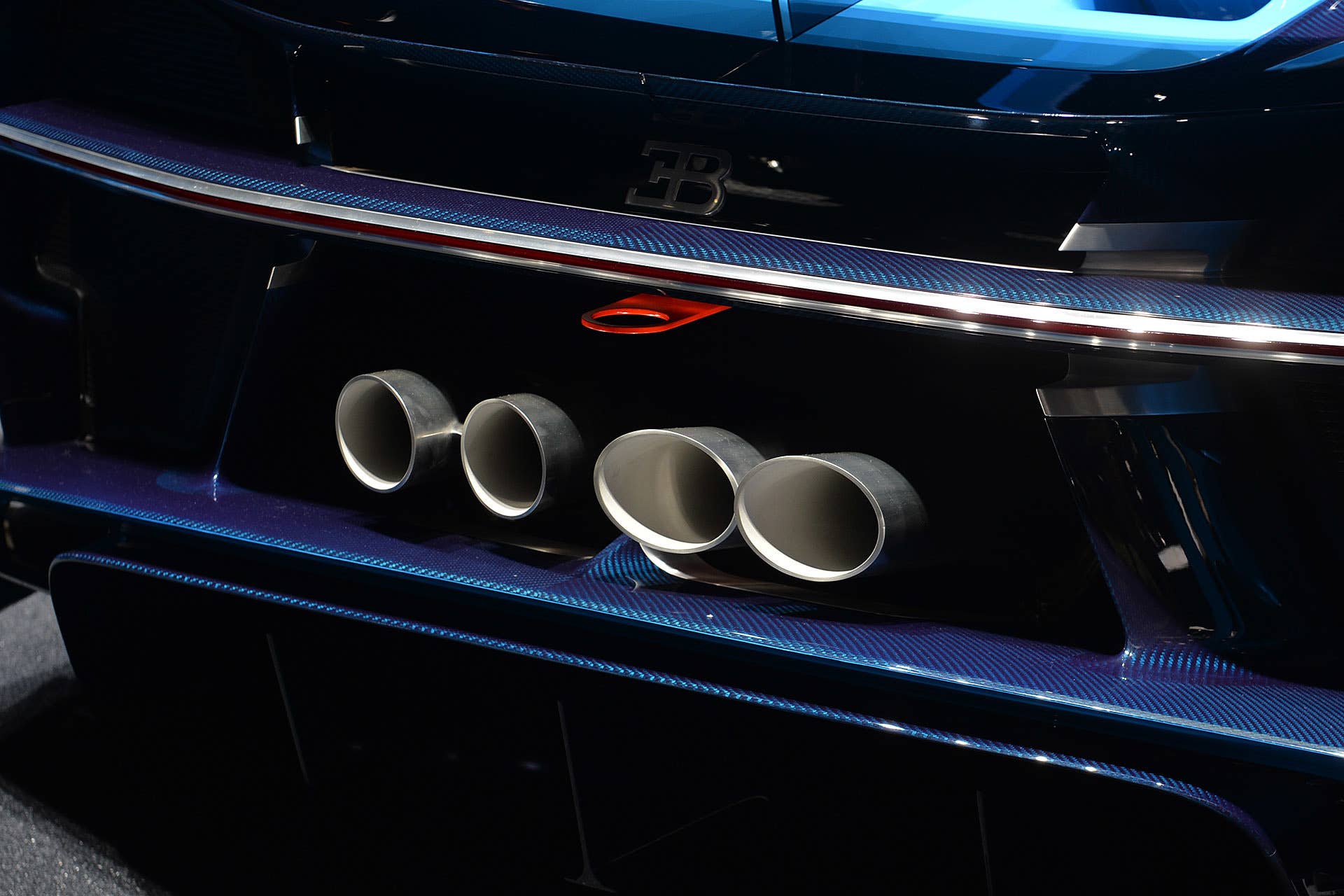 The Bugatti Vision Gran Turimso, designed for the Sony Playstation game Gran Turismo, at the 2015 Frankfurt Motor Show, exhaust pipes.