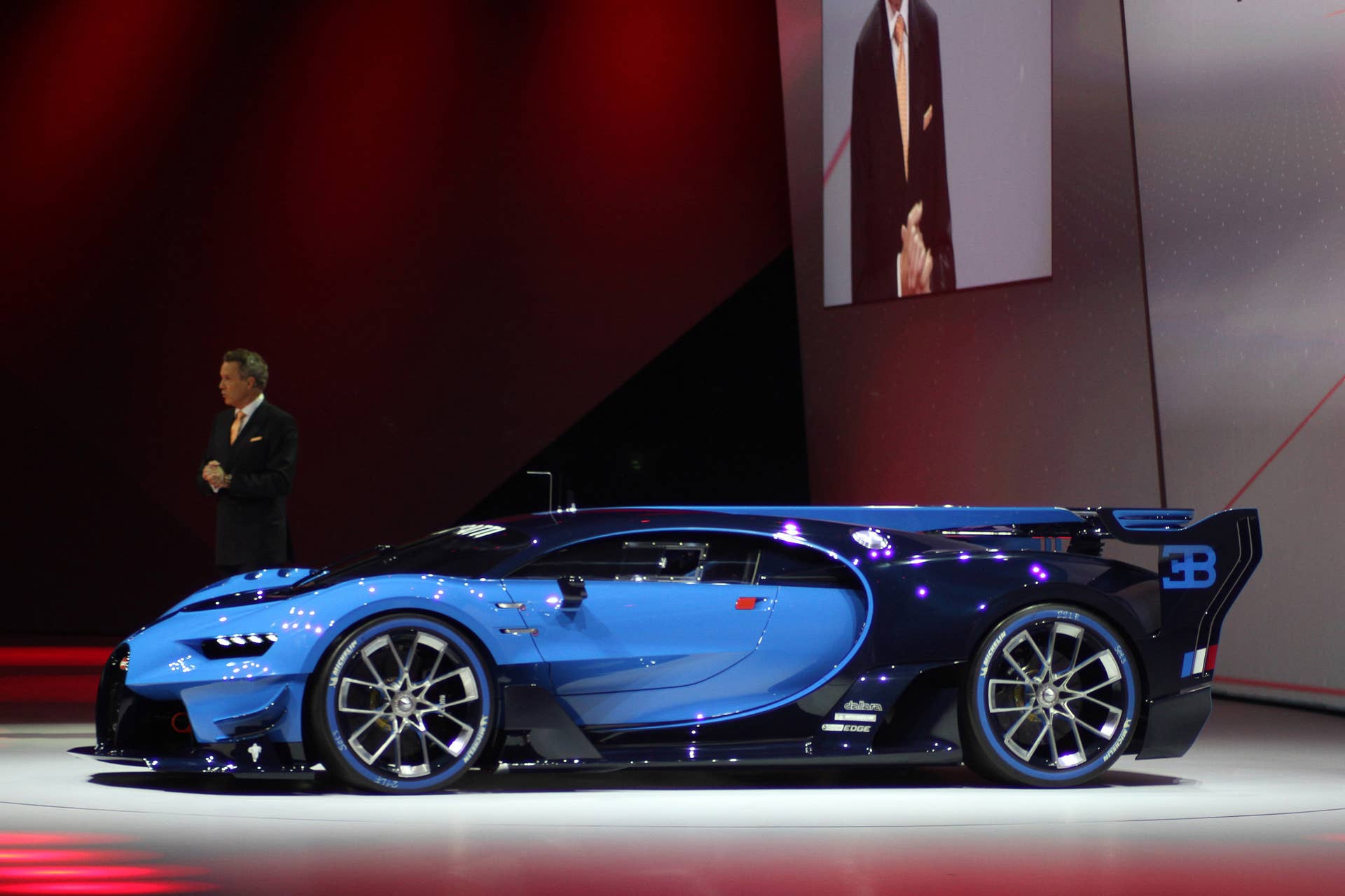 The Bugatti Vision Gran Turimso, designed for the Sony Playstation game Gran Turismo, is shown off at Volkswagen Group Night ahead of the 2015 Frankfurt Motor Show, driver's side.
