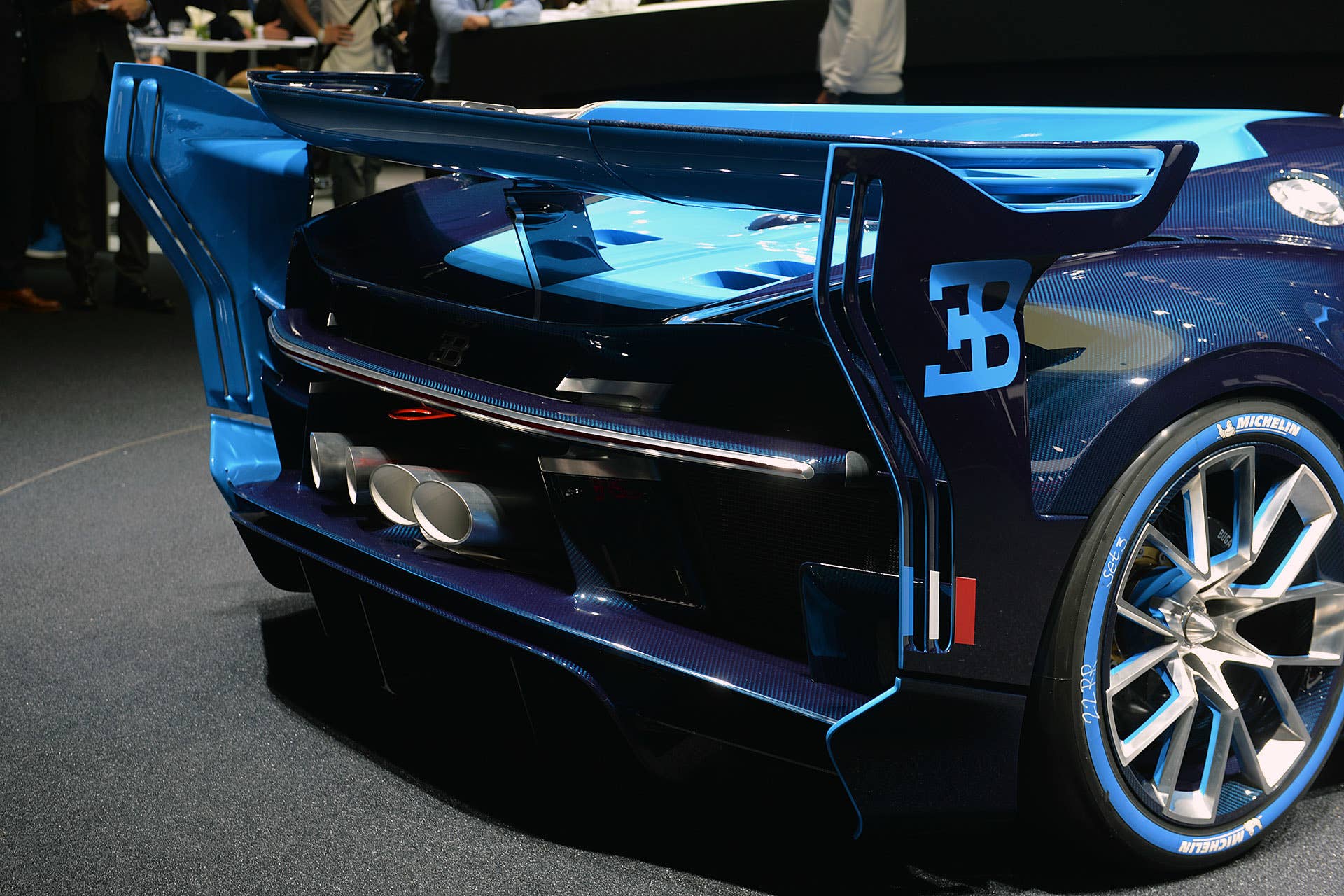 The Bugatti Vision Gran Turimso, designed for the Sony Playstation game Gran Turismo, at the 2015 Frankfurt Motor Show, rear detail.