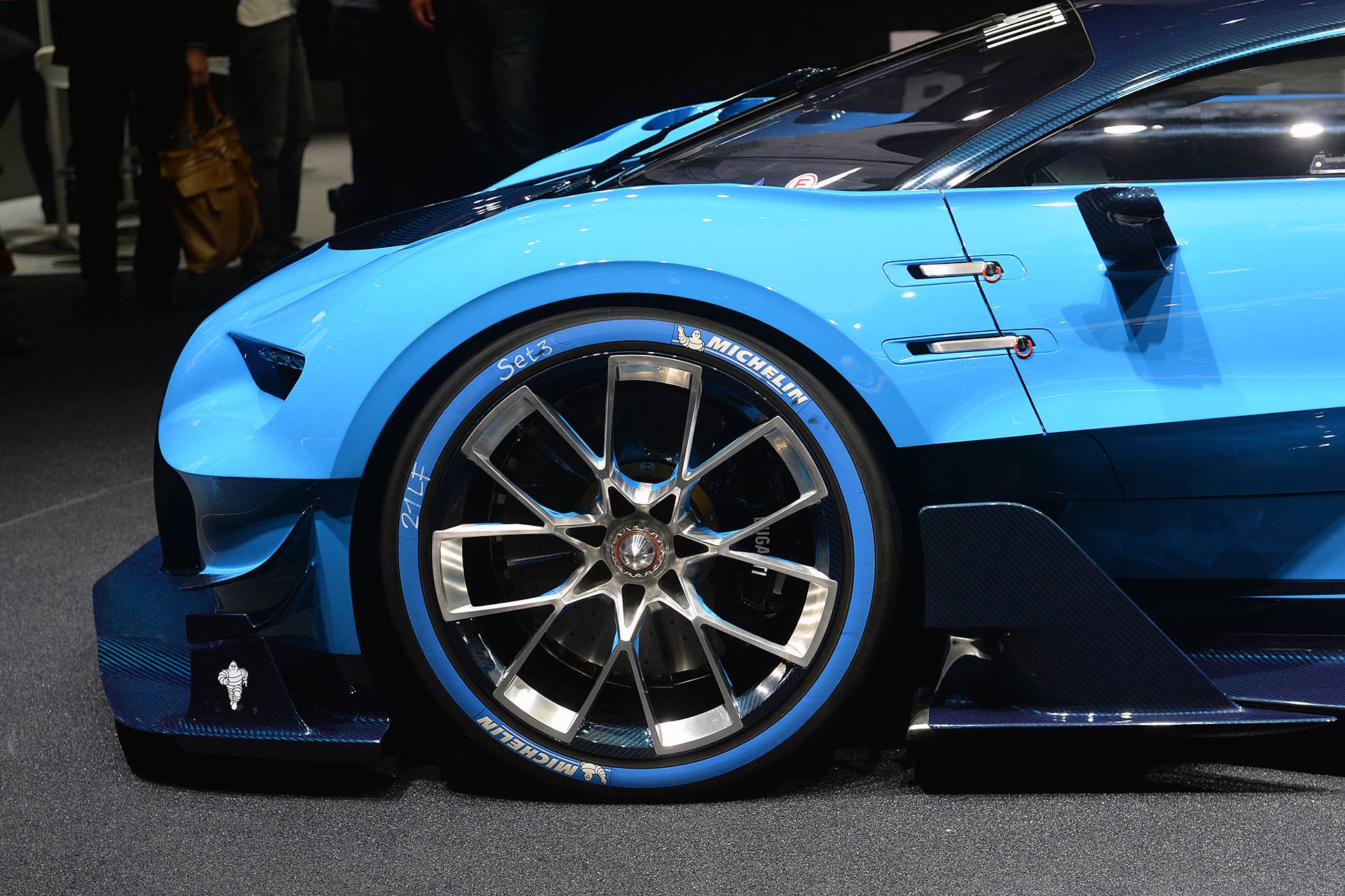 The Bugatti Vision Gran Turimso, designed for the Sony Playstation game Gran Turismo, at the 2015 Frankfurt Motor Show, wheel.