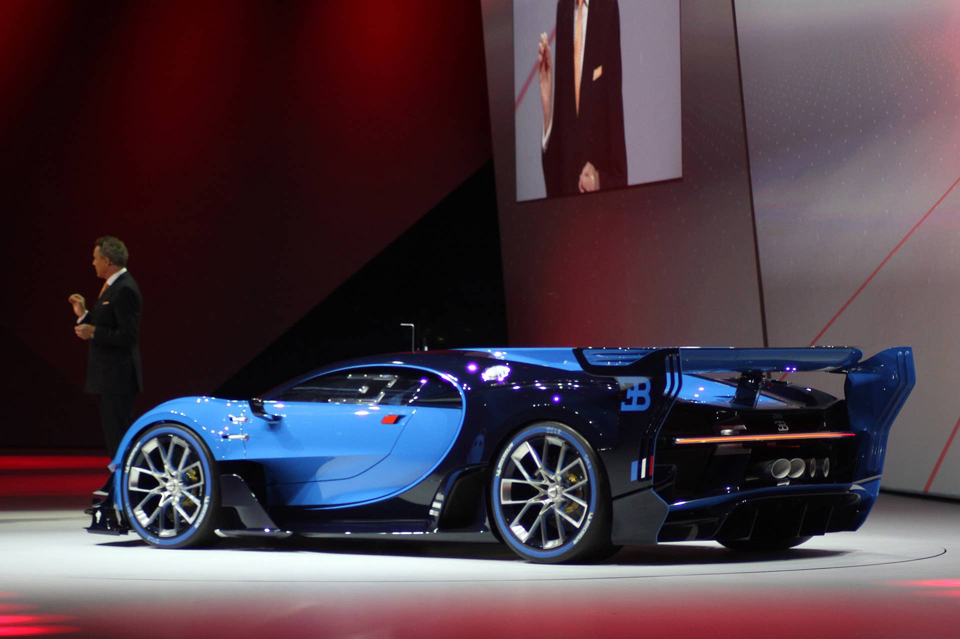 The Bugatti Vision Gran Turimso, designed for the Sony Playstation game Gran Turismo, is shown off at Volkswagen Group Night ahead of the 2015 Frankfurt Motor Show, rear three-quarter view.