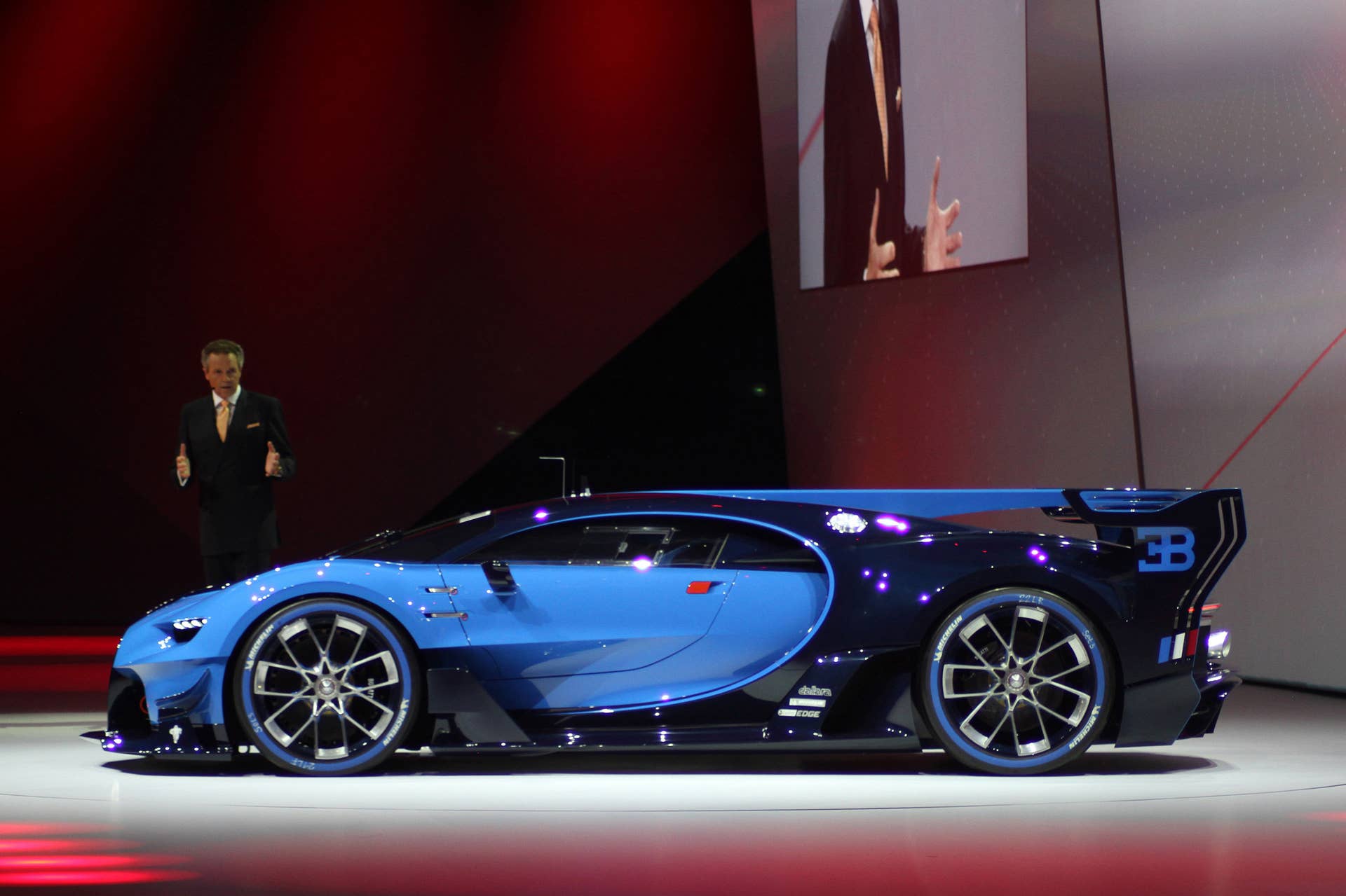The Bugatti Vision Gran Turimso, designed for the Sony Playstation game Gran Turismo, is shown off at Volkswagen Group Night ahead of the 2015 Frankfurt Motor Show, side view.