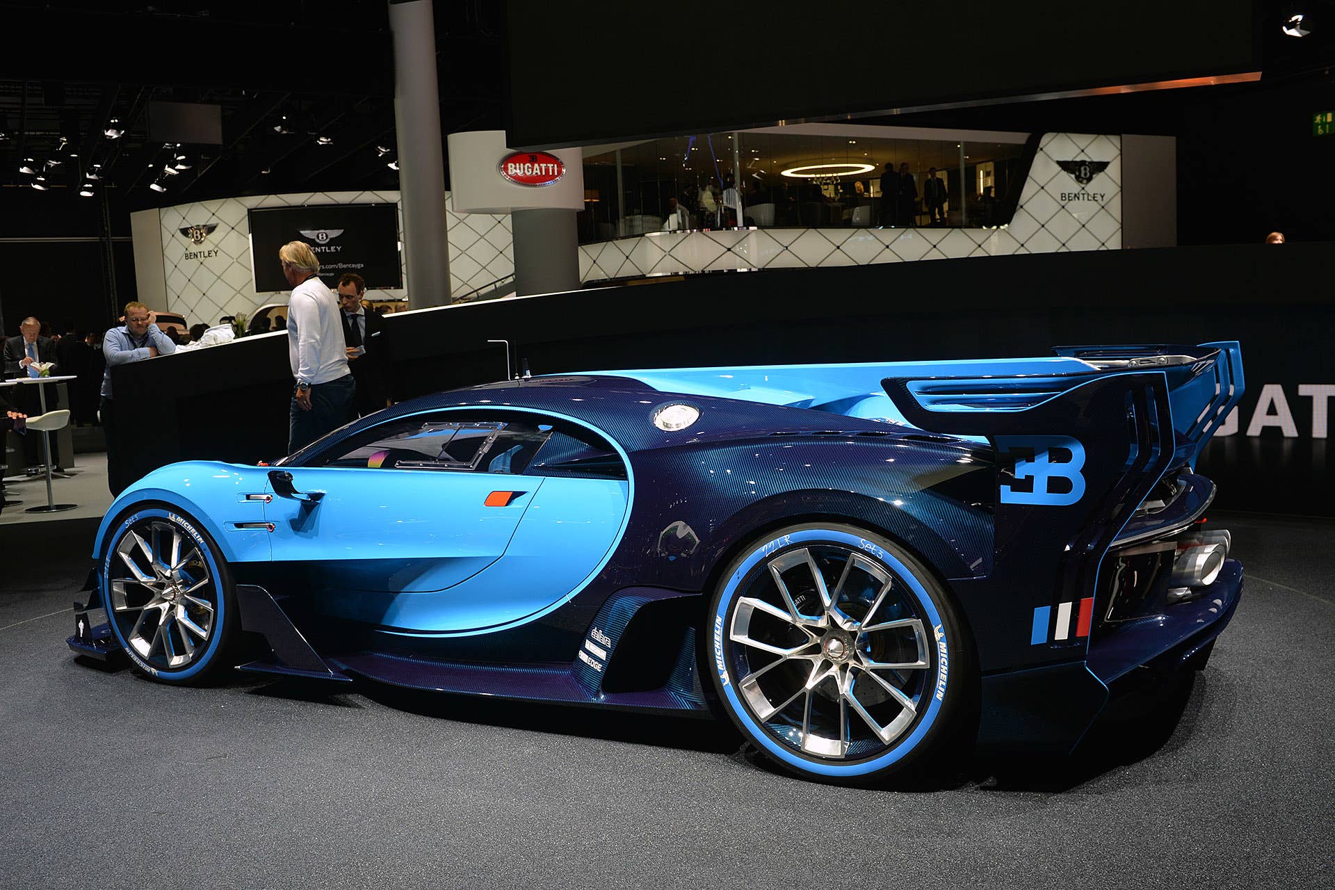 The Bugatti Vision Gran Turimso, designed for the Sony Playstation game Gran Turismo, at the 2015 Frankfurt Motor Show, rear three-quarter.