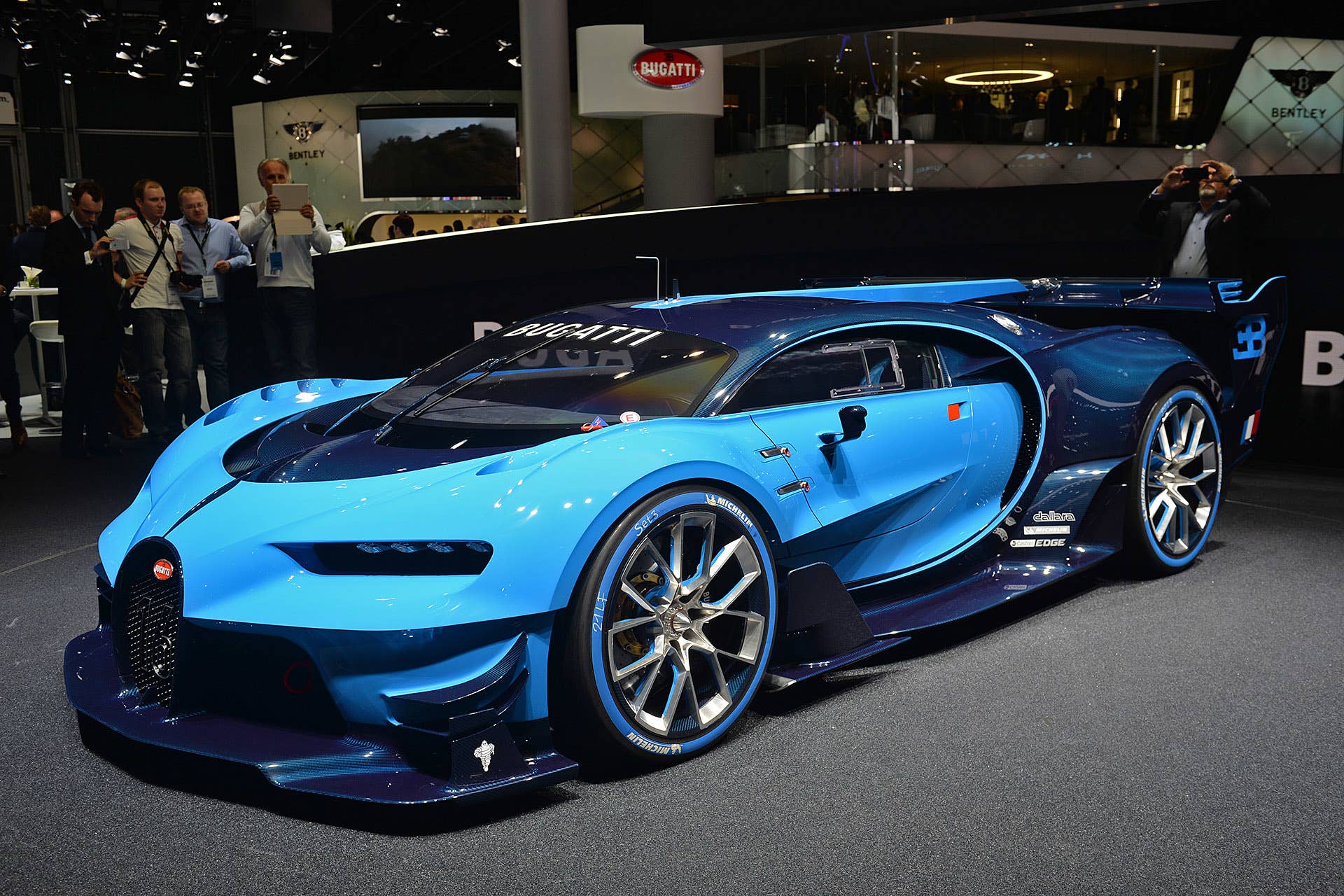 The Bugatti Vision Gran Turimso, designed for the Sony Playstation game Gran Turismo, at the 2015 Frankfurt Motor Show, near front three-quarter view.