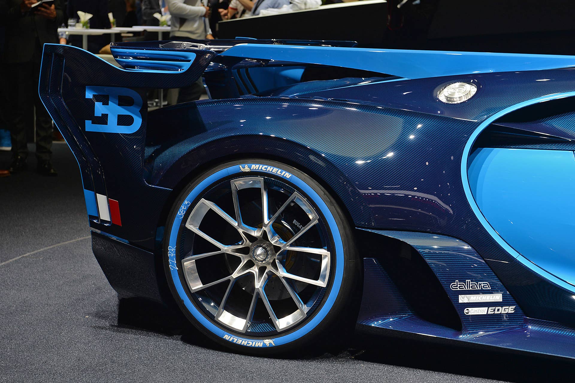 The Bugatti Vision Gran Turimso, designed for the Sony Playstation game Gran Turismo, at the 2015 Frankfurt Motor Show, rear corner detail.