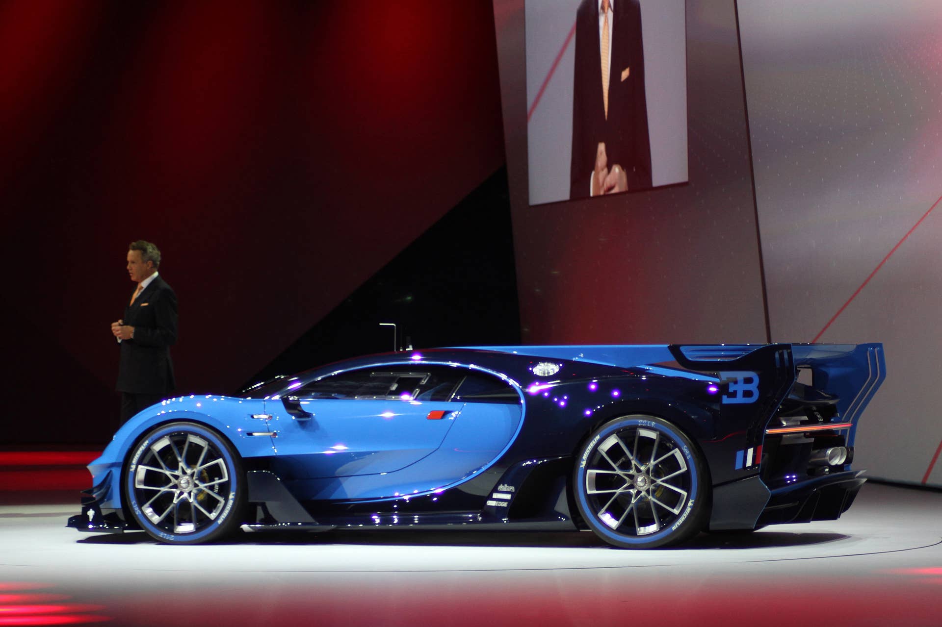The Bugatti Vision Gran Turimso, designed for the Sony Playstation game Gran Turismo, is shown off at Volkswagen Group Night ahead of the 2015 Frankfurt Motor Show, near rear three-quarter view.