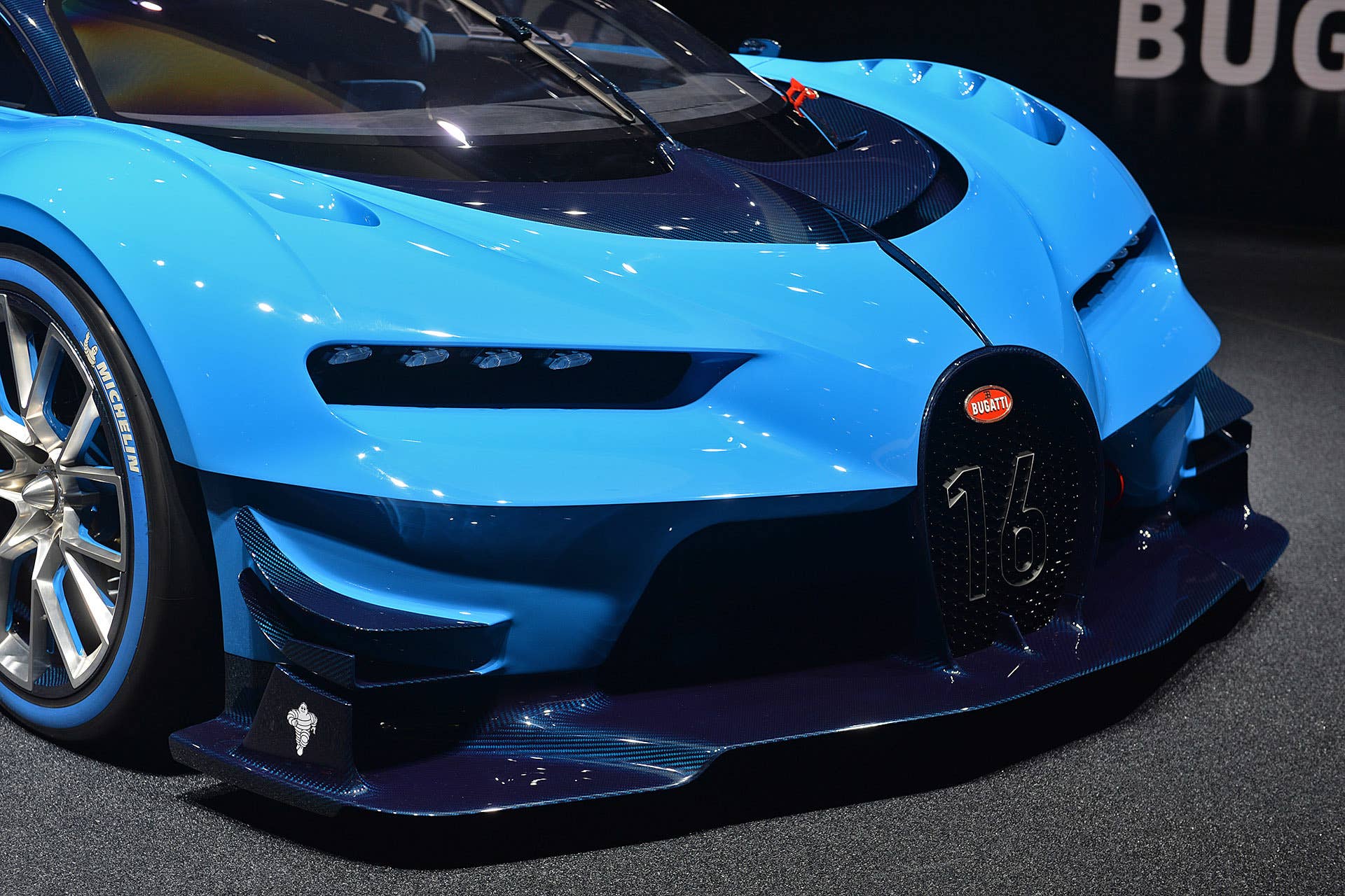 The Bugatti Vision Gran Turimso, designed for the Sony Playstation game Gran Turismo, at the 2015 Frankfurt Motor Show, front fascia.