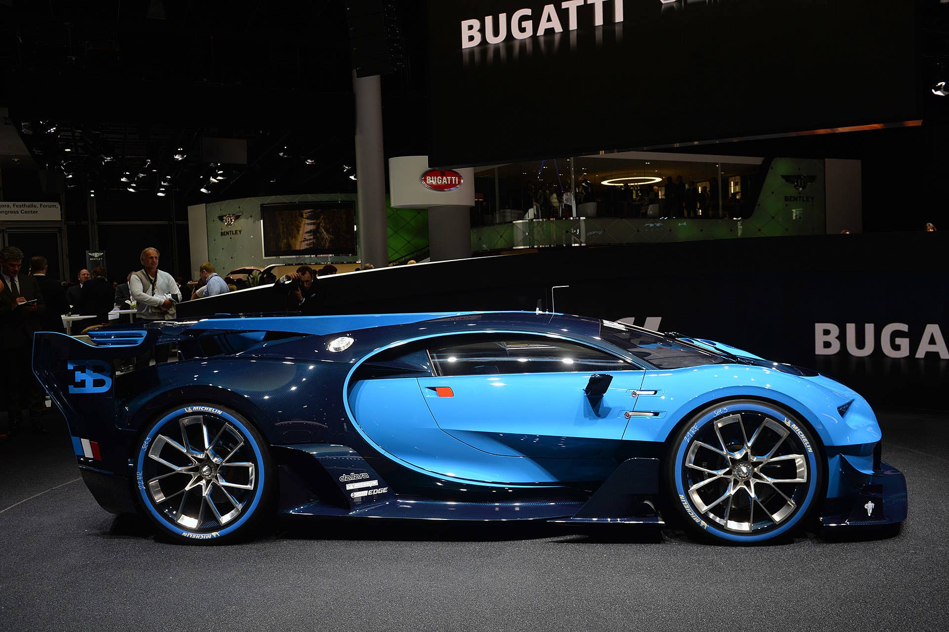 The Bugatti Vision Gran Turimso, designed for the Sony Playstation game Gran Turismo, at the 2015 Frankfurt Motor Show, driver's side view.