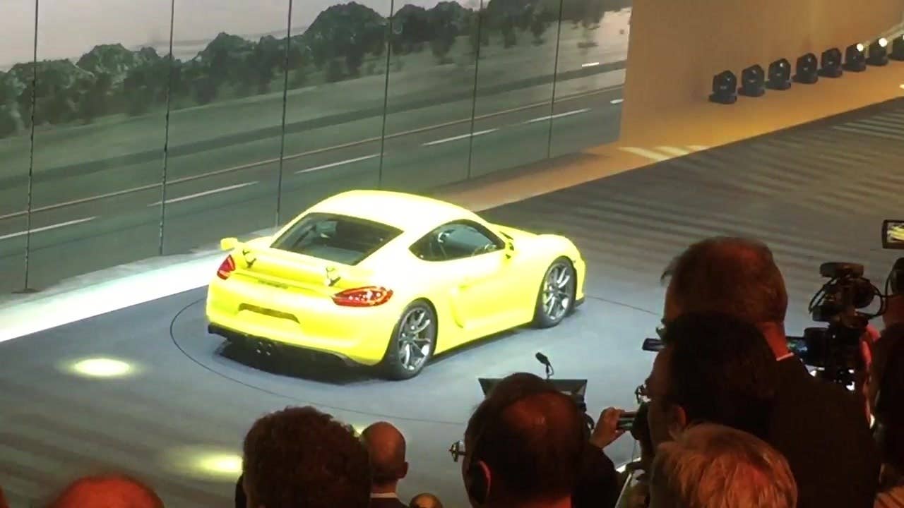 The Porsche Cayman GT4 is revealed at the 2015 Geneva Motor Show.