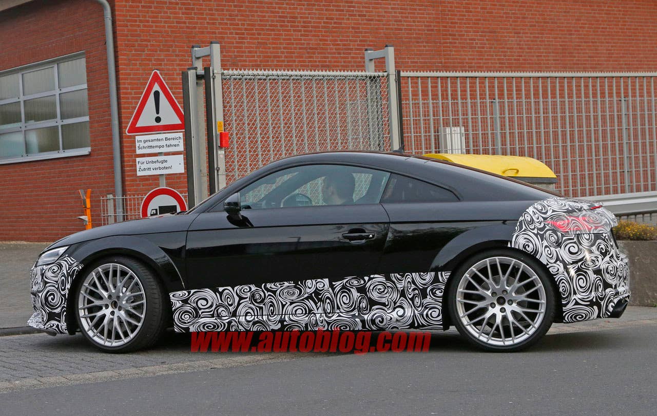 camouflaged audi tt rs spy shot front, side sills, and rear