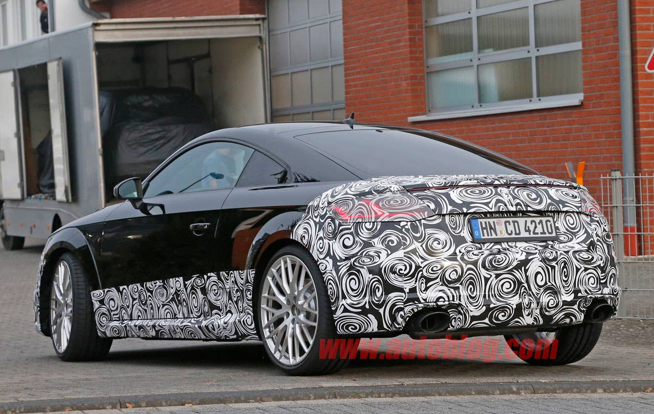 camouflaged audi tt rs spy shot back three quarters
