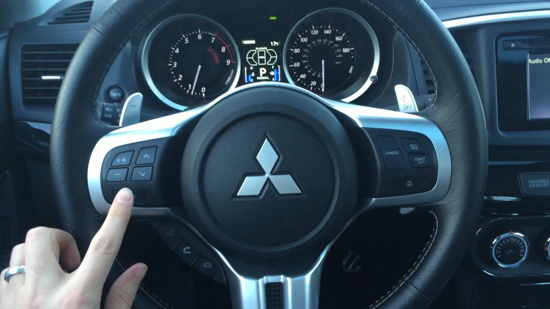A quick look at the buttons on the steering wheel of the 2015 Mitsubishi Lancer Evolution, more commonly known as the Evo.