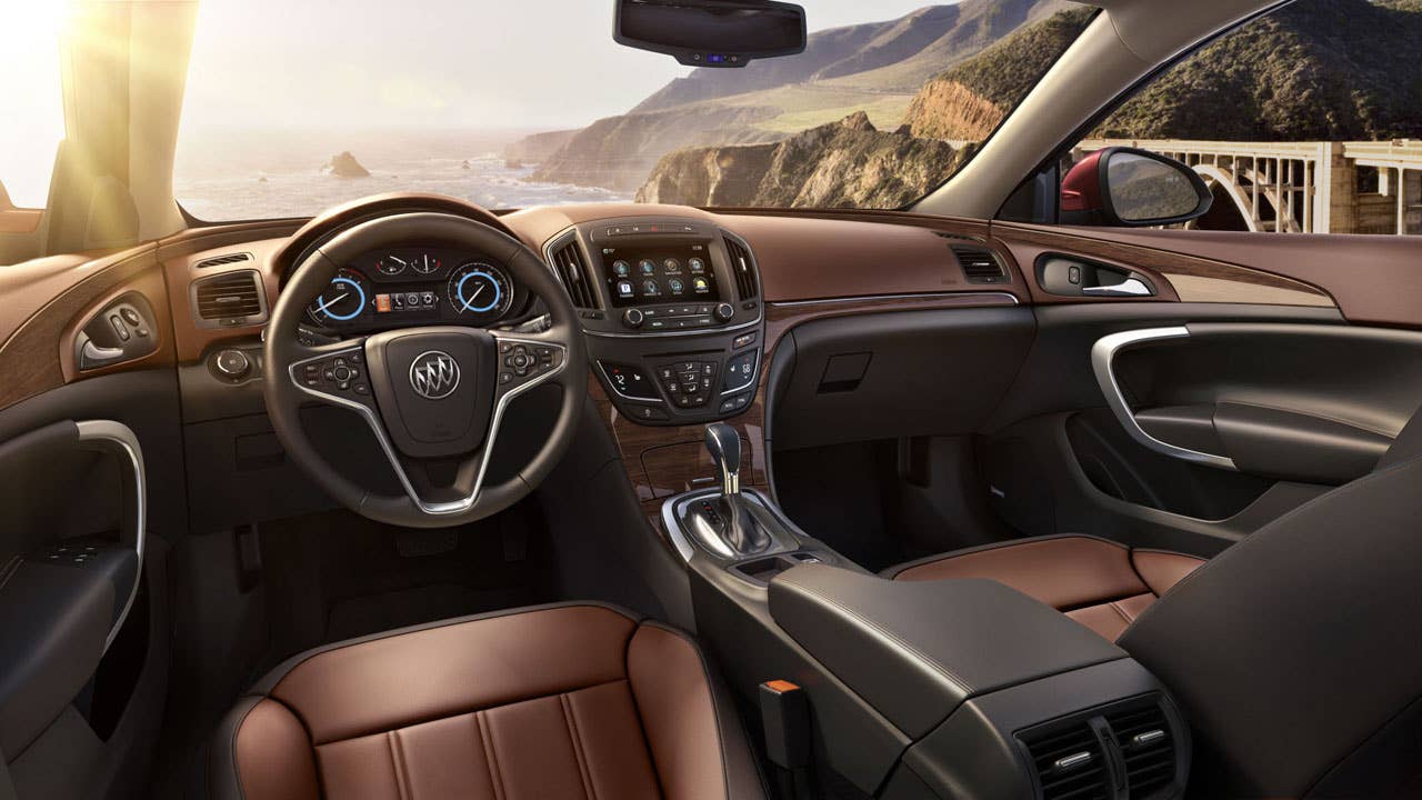 2014 Buick Regal interior with Saddle seating, cocoa accents, offered with two-tone Soleil Keisel leather seats and Rhythm wood decor