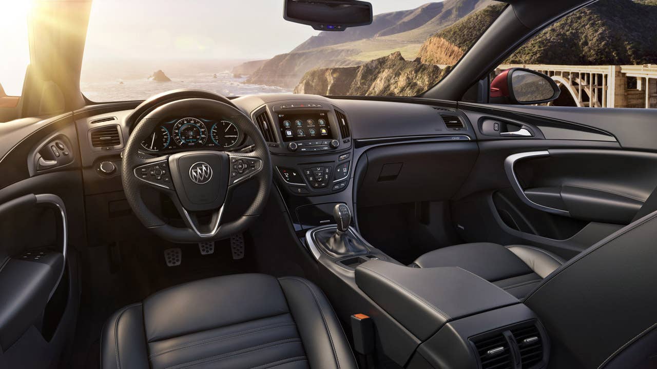 2014 Buick Regal GS Ebony interior with Soleil Keisel leather seats, contrast stitching and Diamo black decor.