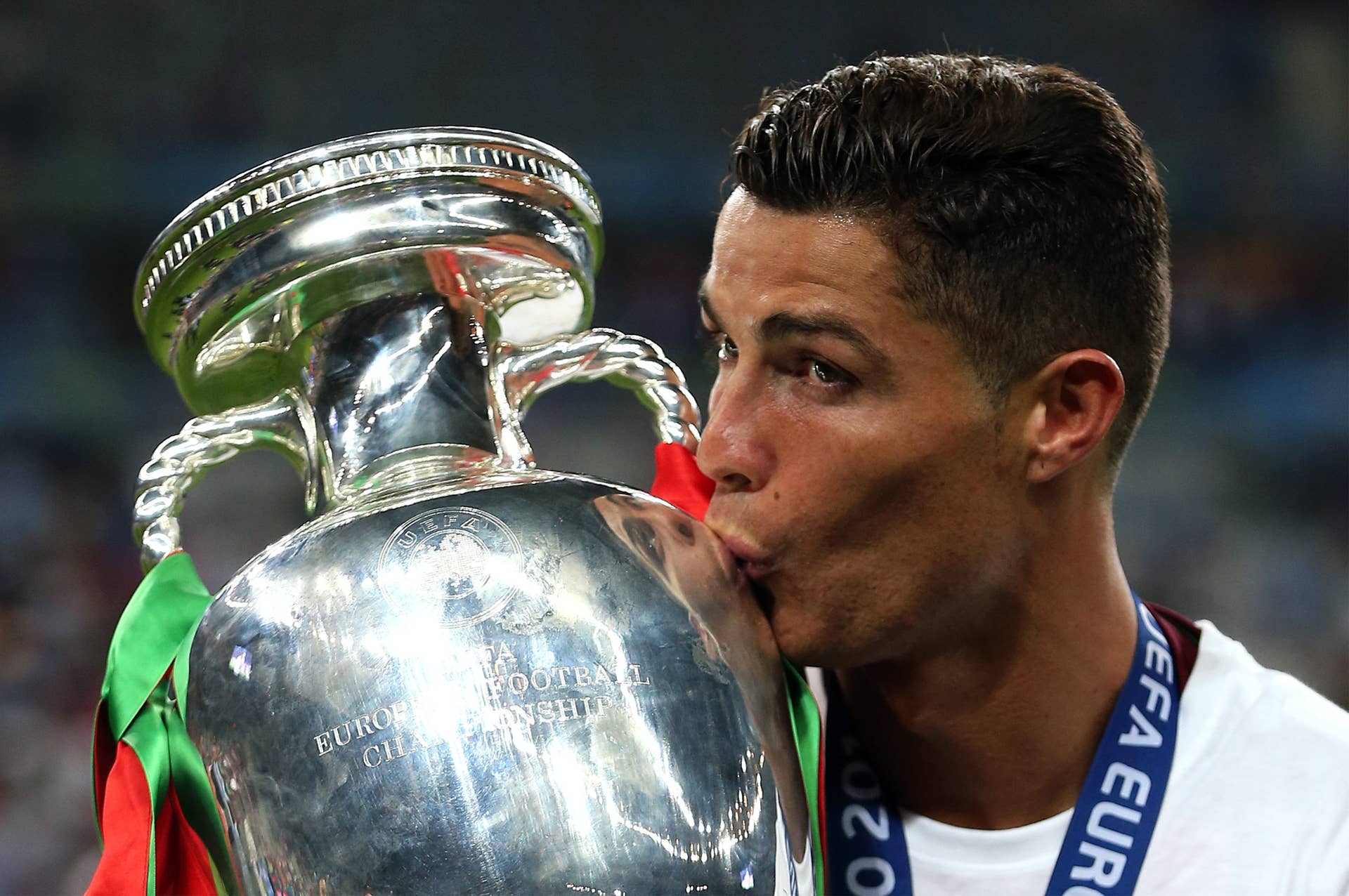 Cristiano Ronaldo of Portugal with Coupe Henri Delaunay during the UEFA EURO 2016 final match between Portugal and France on July 10, 2016 at the Stade de France in Paris, France.(Photo by VI Images via Getty Images)