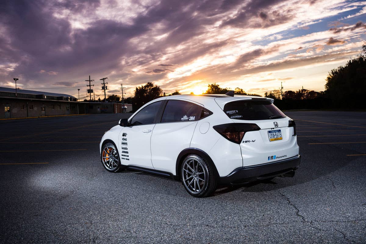 modded honda hr-v rear three quarters sunset