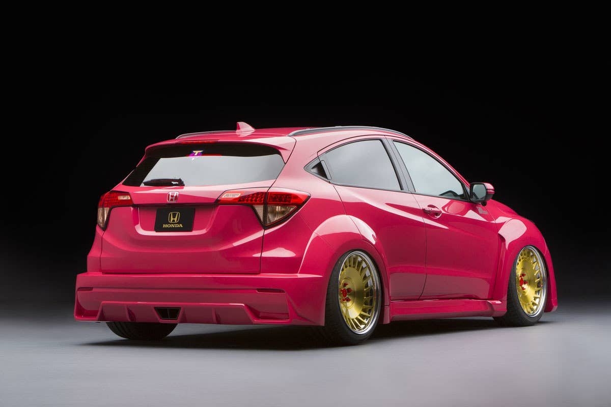 pink honda hr-v sema rear three quarters