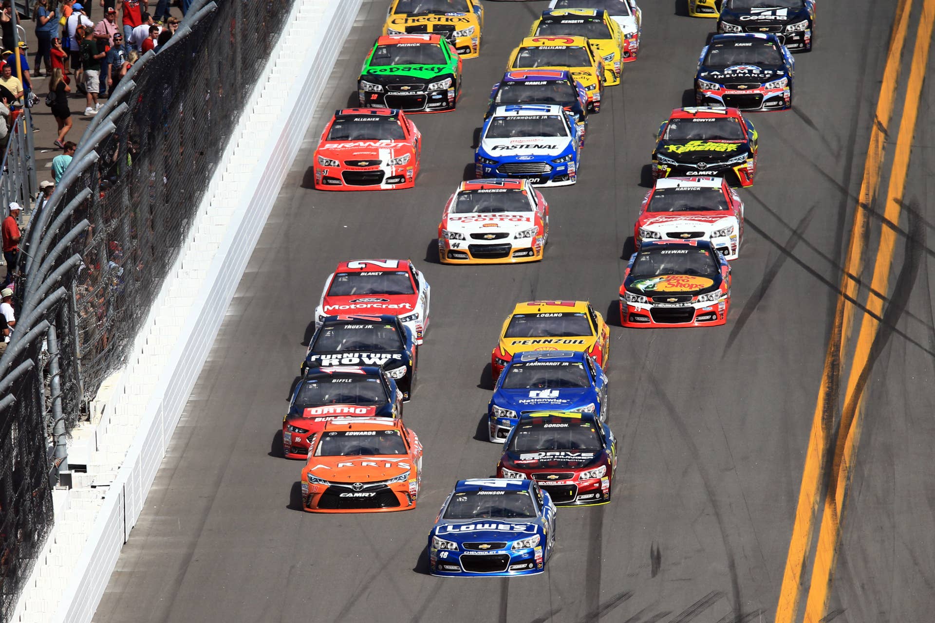 Feb 22, 2015; Daytona Beach, FL, USA; NASCAR Sprint Cup Series driver Jimmie Johnson (48) leads the pack during the Daytona 500 at Daytona International Speedway. Mandatory Credit: Andrew Weber-USA TODAY Sports