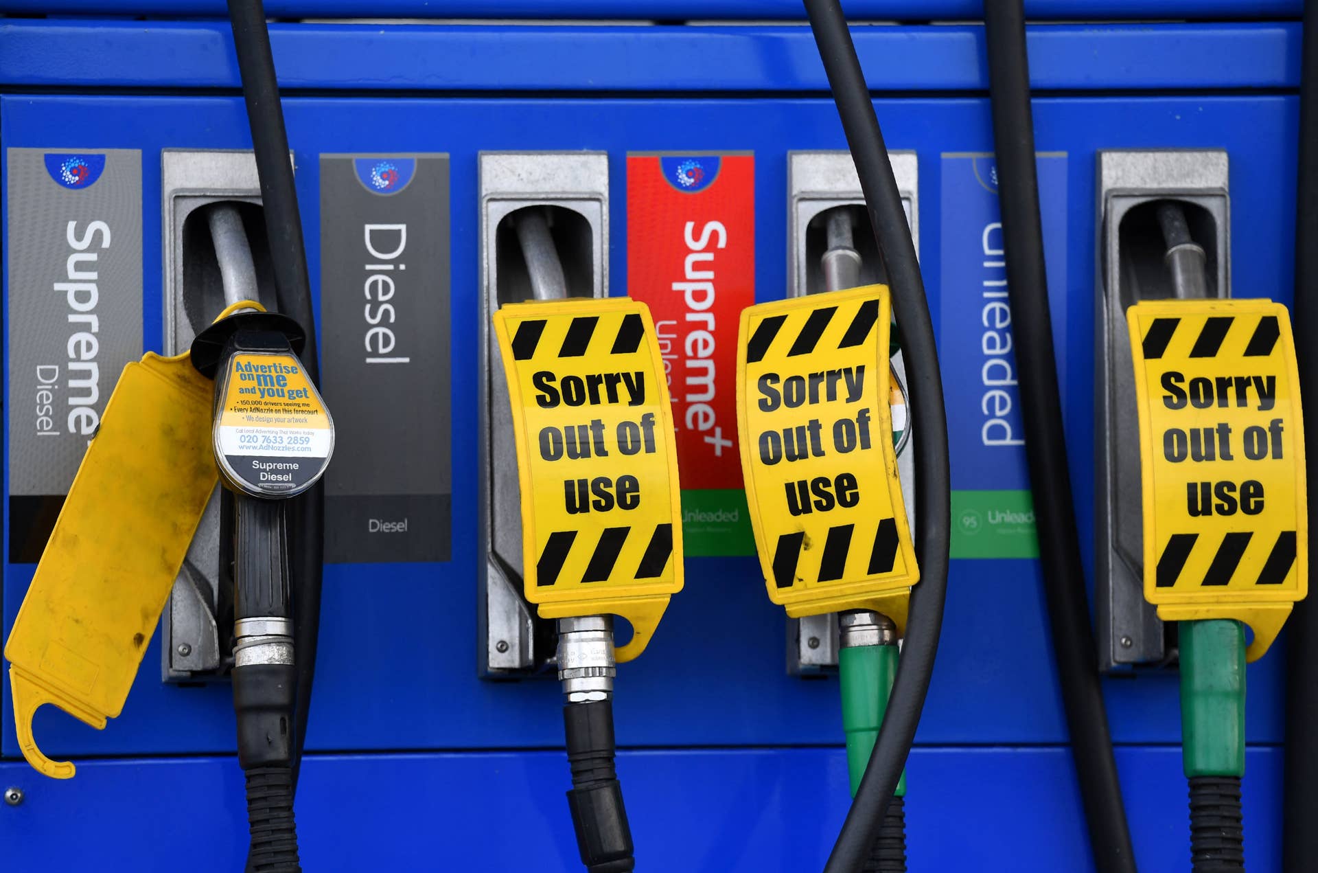 Out-of-use signs cover diesel and petril fuel pumps are seen a service station in Thurrock, east of London, on February 14, 2017. British annual inflation picked up to its highest level in two and a half years in January, driven by rising fuel and food prices, official data showed Tuesday. 'The main contributors to the increase in the rate were rising prices for motor fuels and to a lesser extent food prices,' the ONS said. / AFP / BEN STANSALL (Photo credit should read BEN STANSALL/AFP/Getty Images)